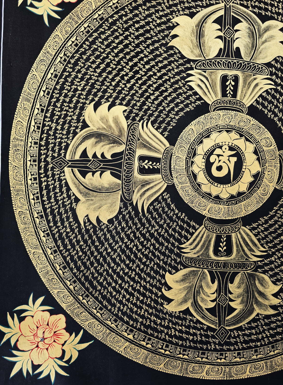 Original Large Hand-Painted Om Mani Padme Hum Mantra Mandala Thangka