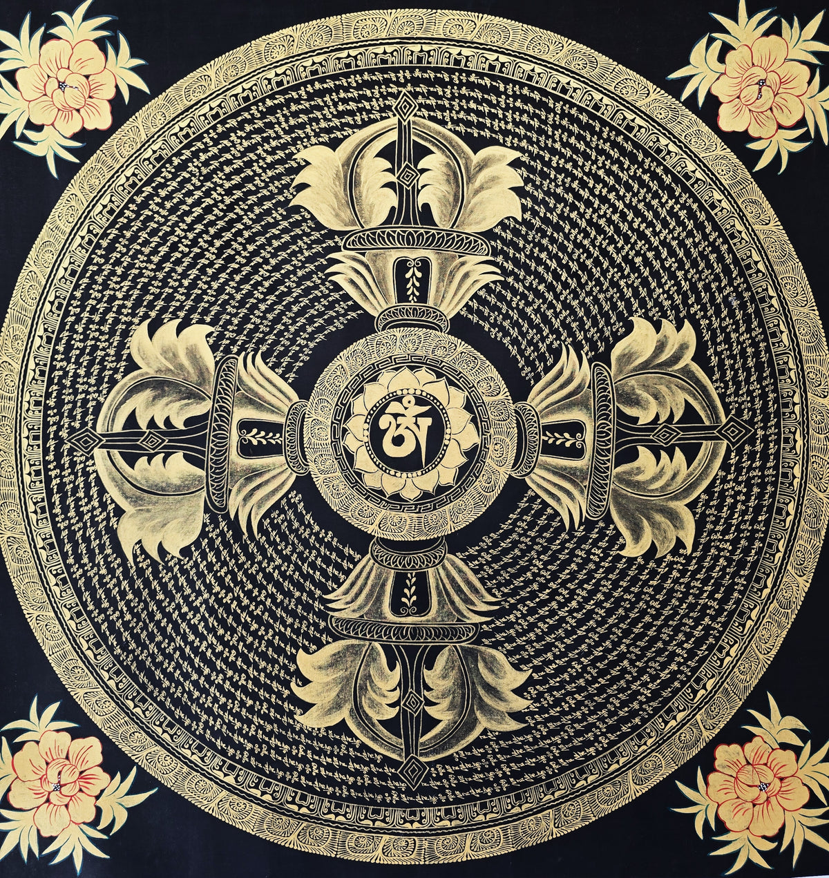 Original Large Hand-Painted Om Mani Padme Hum Mantra Mandala Thangka