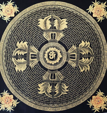Original Large Hand-Painted Om Mani Padme Hum Mantra Mandala Thangka