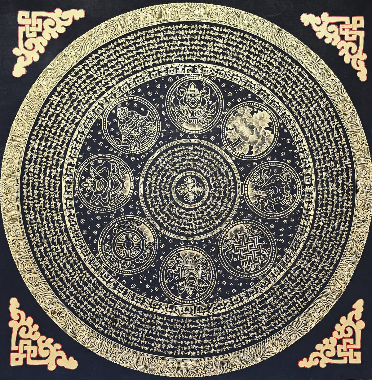 Original Large Hand-Painted Om Mani Padme Hum Mantra Mandala Thangka