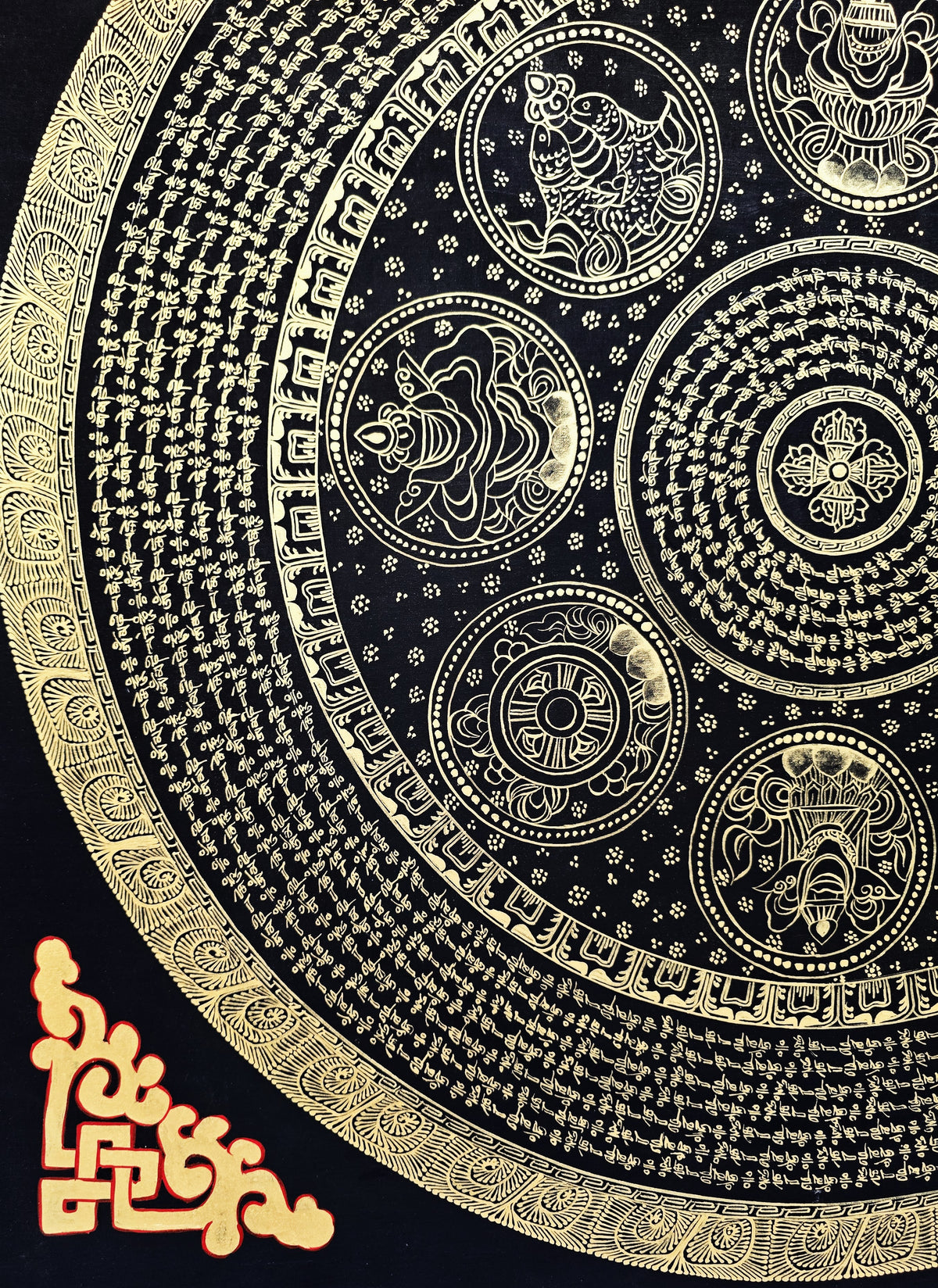 Original Large Hand-Painted Om Mani Padme Hum Mantra Mandala Thangka