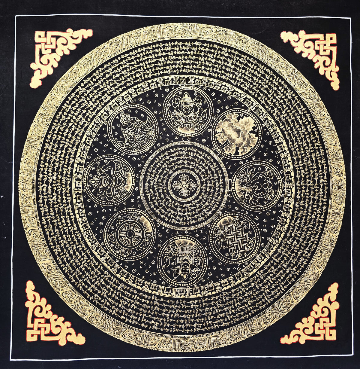 Original Large Hand-Painted Om Mani Padme Hum Mantra Mandala Thangka