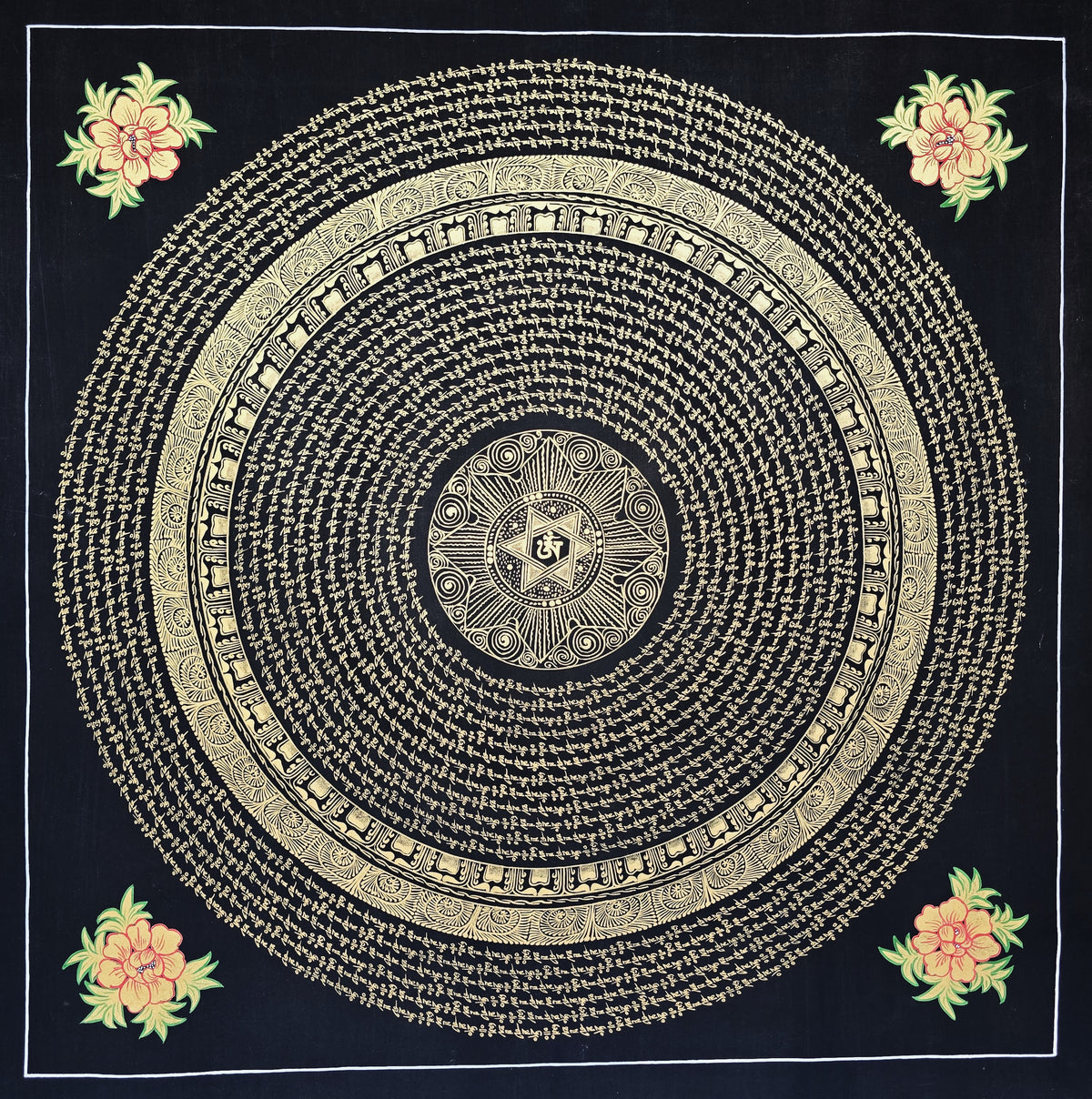 Original Large Hand-Painted Om Mani Padme Hum Mantra Mandala Thangka