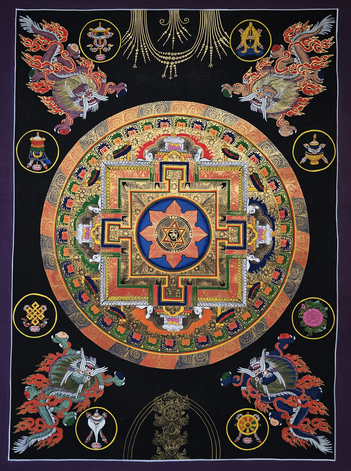 Original Large Hand-Painted Om Mani Padme Hum Mantra Mandala Thangka