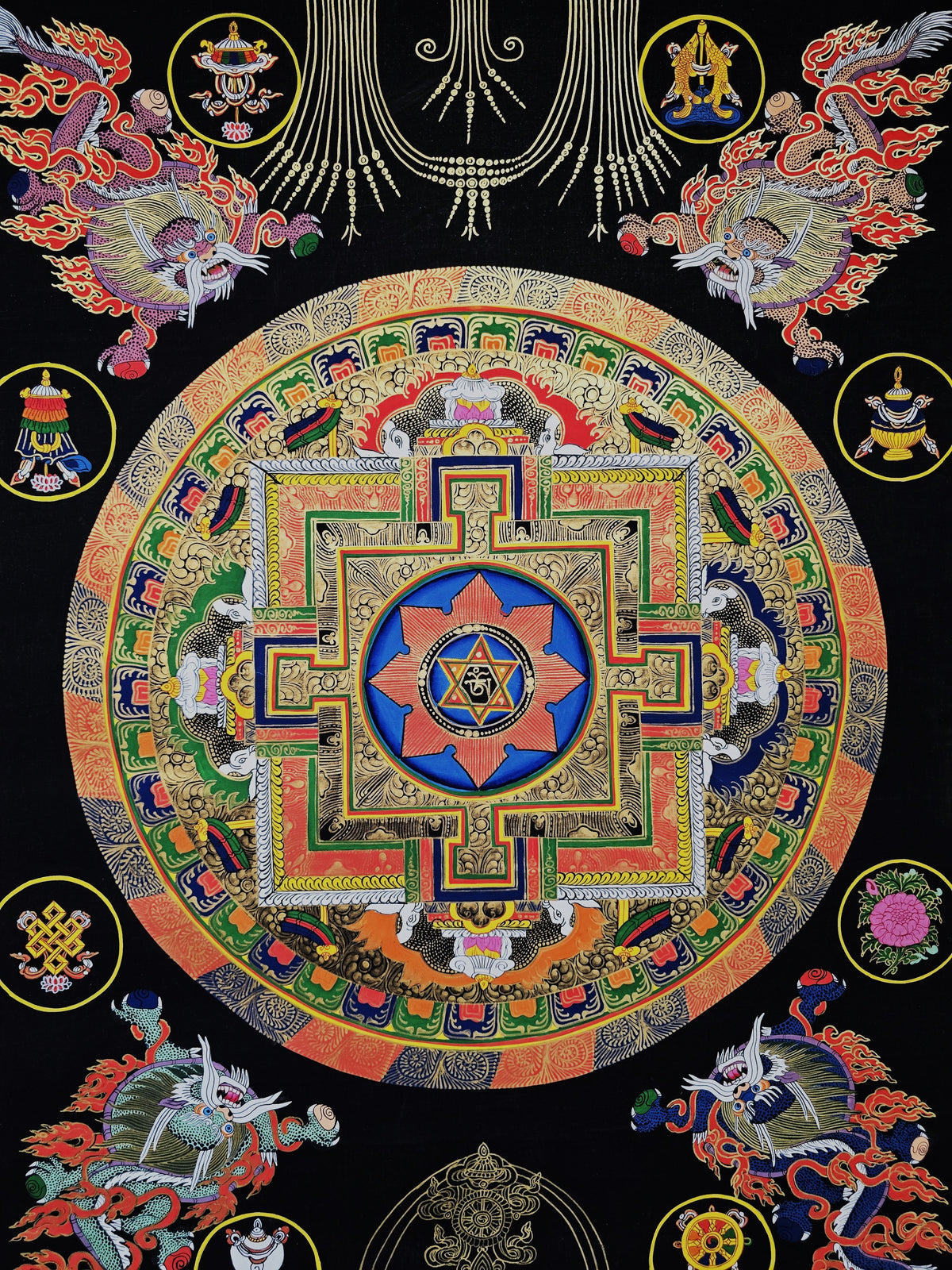 Original Large Hand-Painted Om Mani Padme Hum Mantra Mandala Thangka