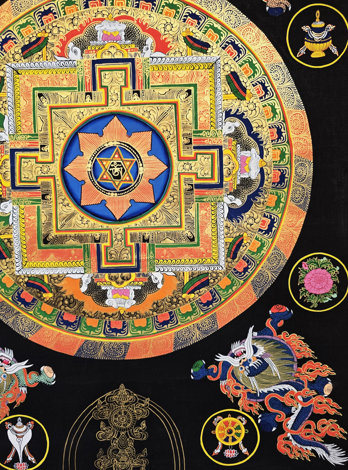Original Large Hand-Painted Om Mani Padme Hum Mantra Mandala Thangka