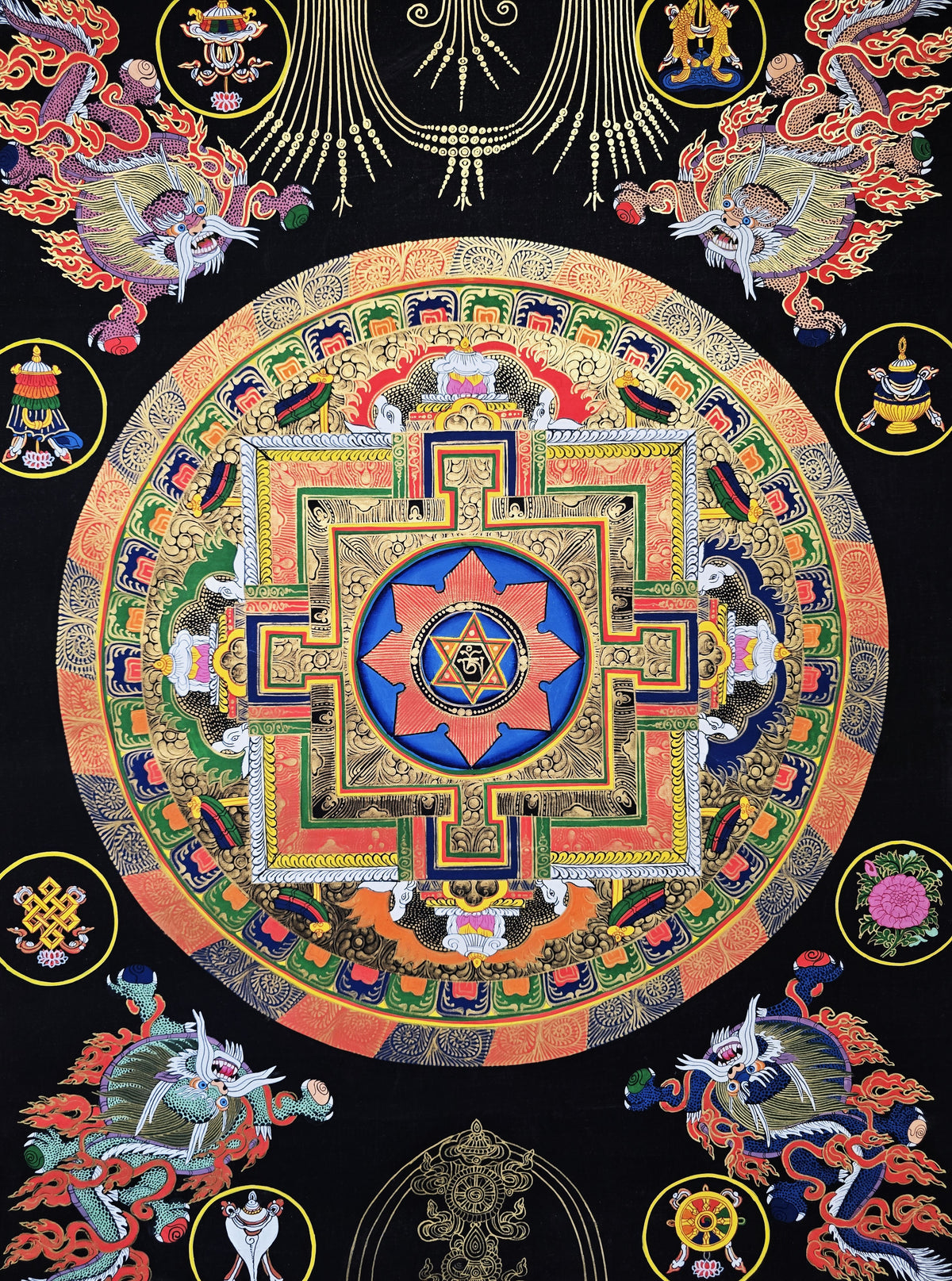 Original Large Hand-Painted Om Mani Padme Hum Mantra Mandala Thangka