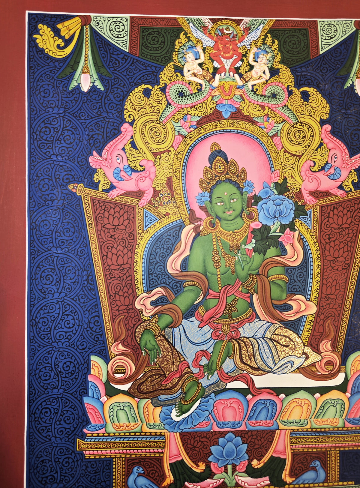 Green Tara Fine Thangka – Hand-Painted Tibetan Buddhist Art | Meditation & Protection Wall Decor