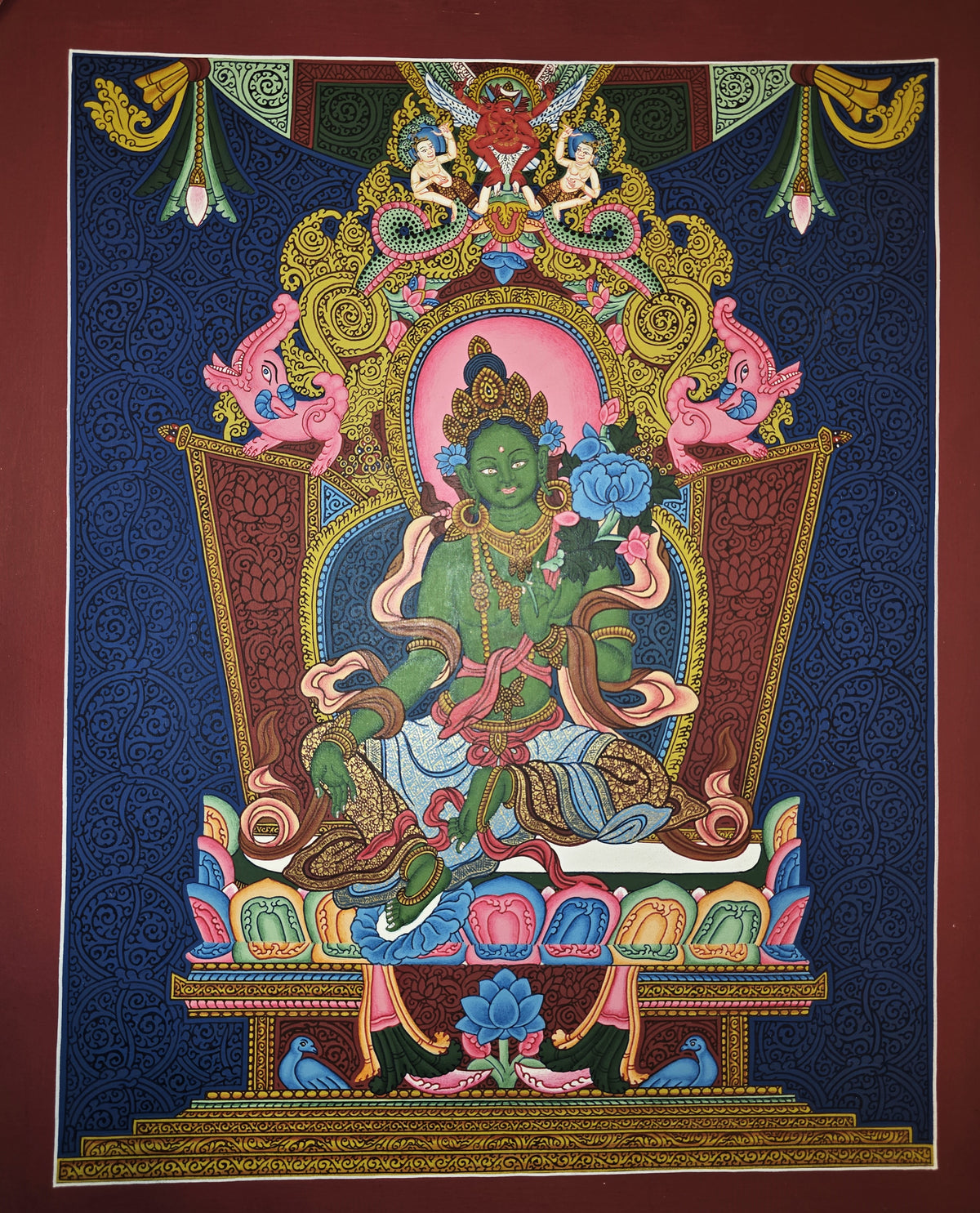 Green Tara Fine Thangka – Hand-Painted Tibetan Buddhist Art | Meditation & Protection Wall Decor