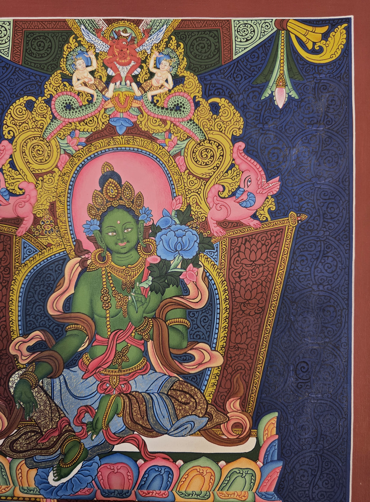 Green Tara Fine Thangka – Hand-Painted Tibetan Buddhist Art | Meditation & Protection Wall Decor