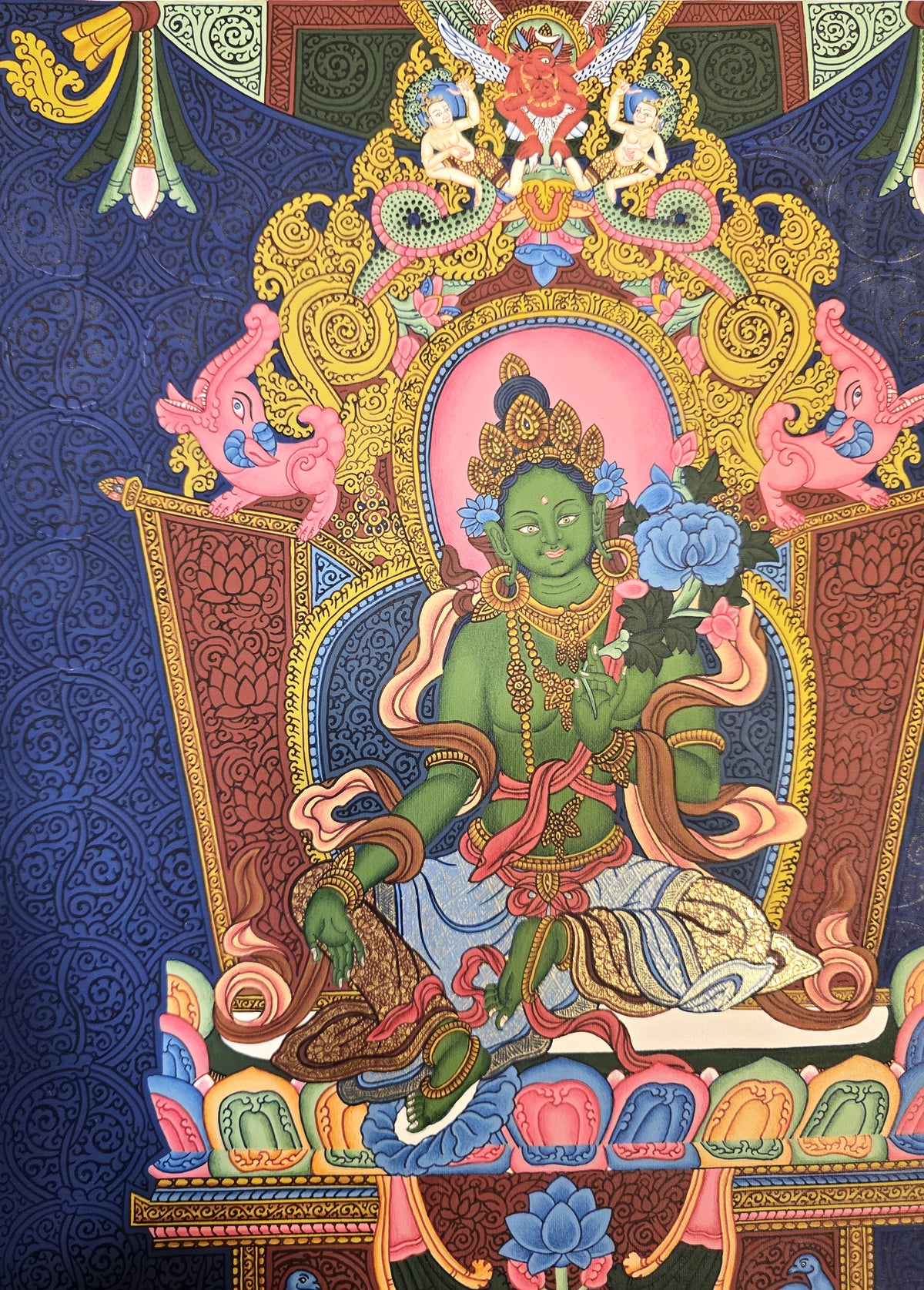 Green Tara Fine Thangka – Hand-Painted Tibetan Buddhist Art | Meditation & Protection Wall Decor