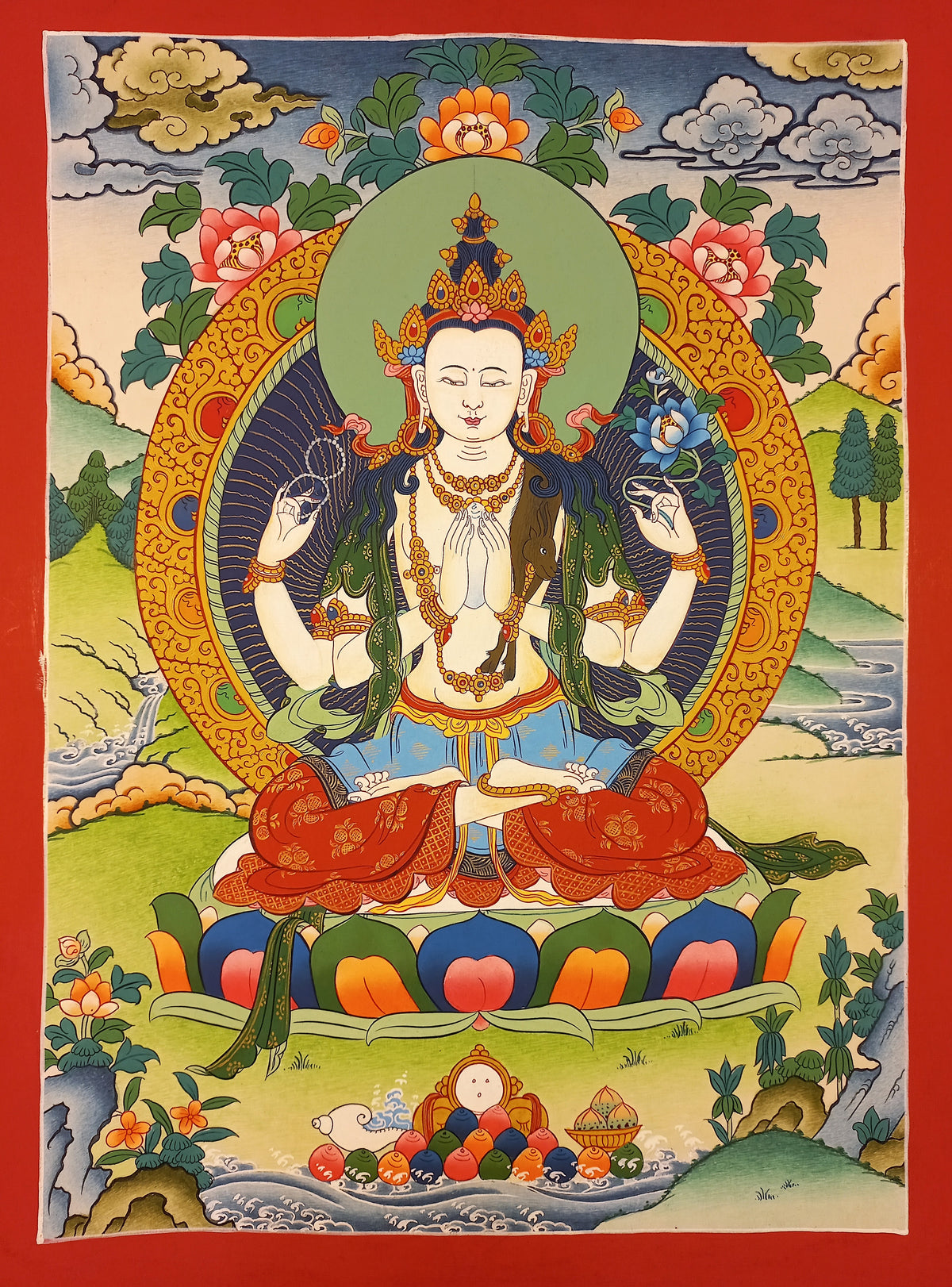 Chenrezig Thangka – Hand-Painted Tibetan Buddhist Art | Meditation & Protection Wall Decor