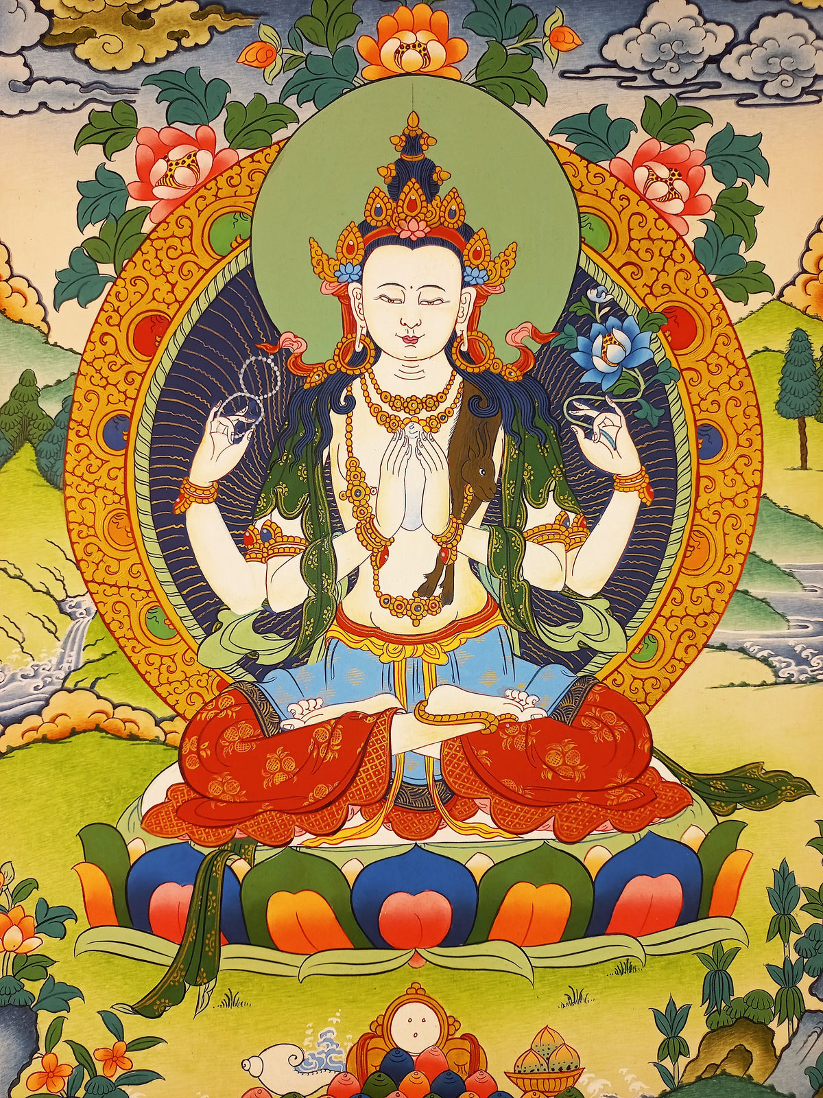 Chenrezig Thangka – Hand-Painted Tibetan Buddhist Art | Meditation & Protection Wall Decor