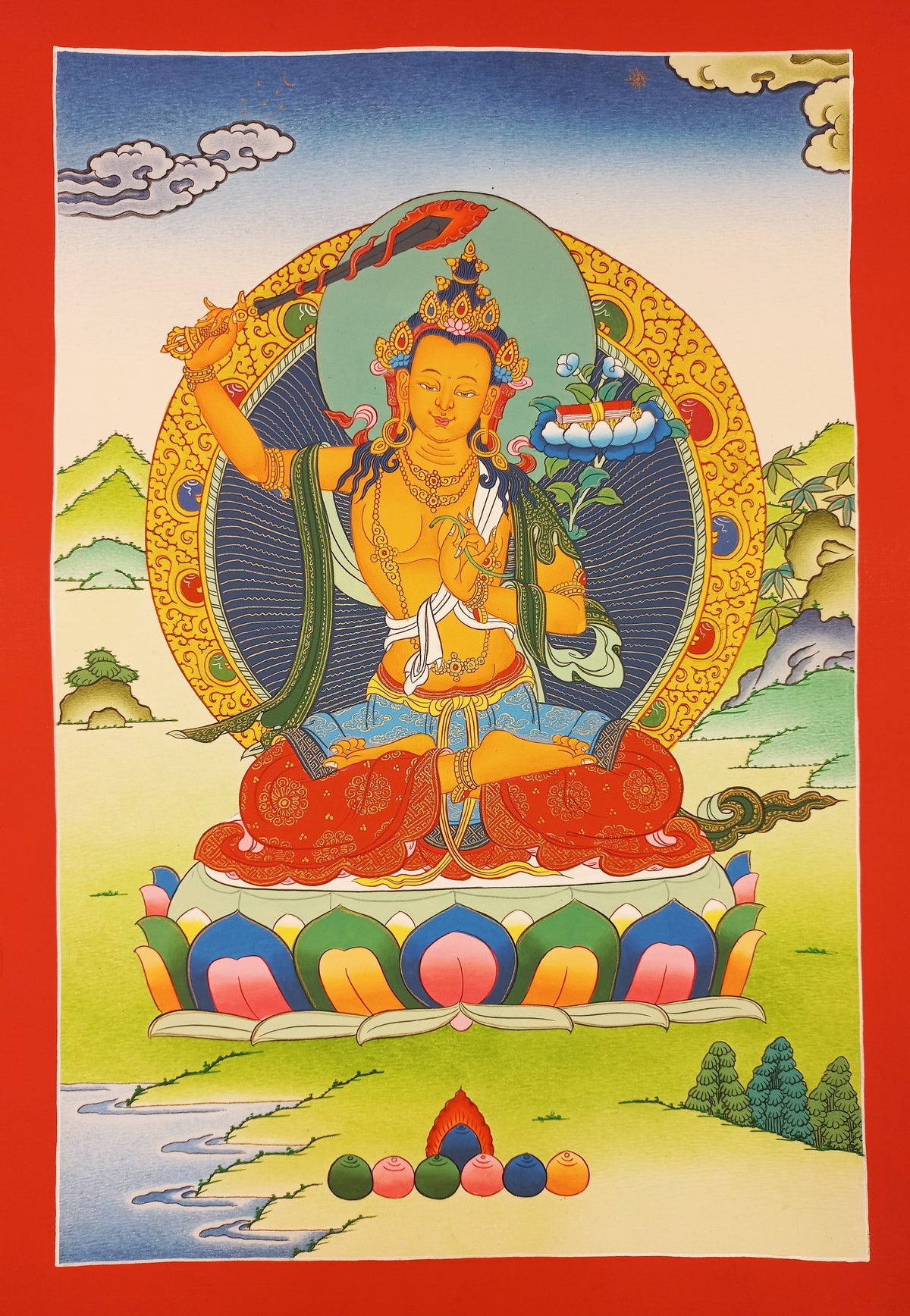 Manjushri Thangka – Hand-Painted Tibetan Buddhist Art | Meditation & Protection Wall Decor