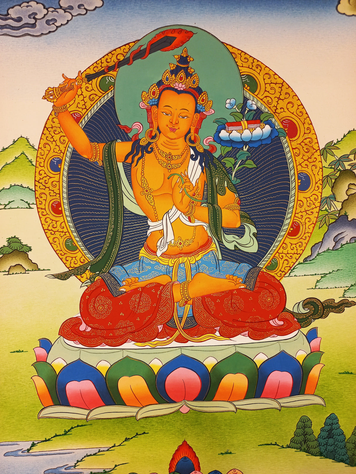 Manjushri Thangka – Hand-Painted Tibetan Buddhist Art | Meditation & Protection Wall Decor