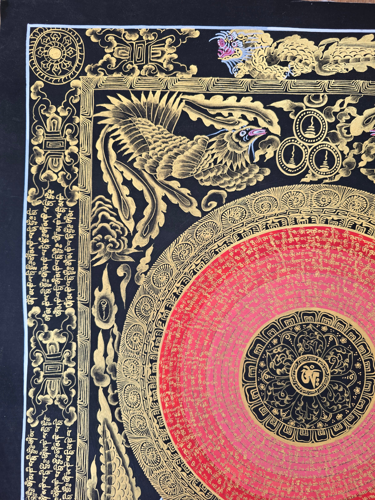 Hand-Painted Om Mantra Mandala Thangka with Dragon Surrounding Design | Traditional Buddhist Art from Nepal