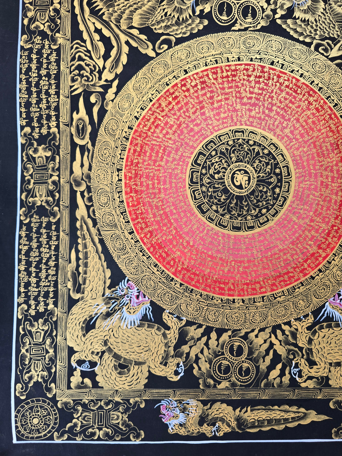 Hand-Painted Om Mantra Mandala Thangka with Dragon Surrounding Design | Traditional Buddhist Art from Nepal