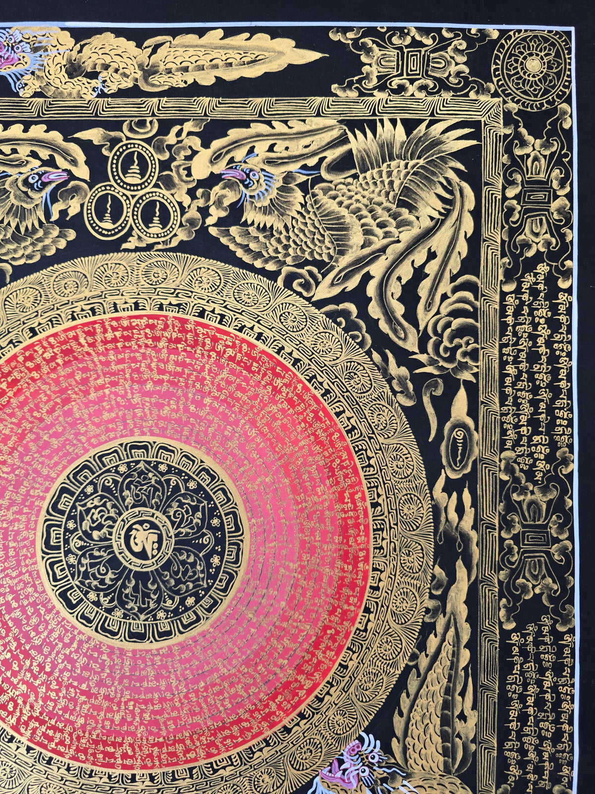 Hand-Painted Om Mantra Mandala Thangka with Dragon Surrounding Design | Traditional Buddhist Art from Nepal