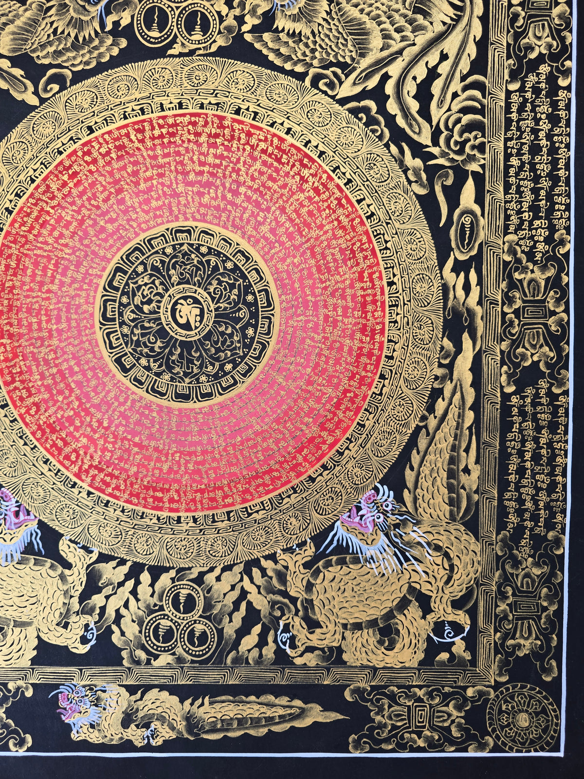 Hand-Painted Om Mantra Mandala Thangka with Dragon Surrounding Design | Traditional Buddhist Art from Nepal