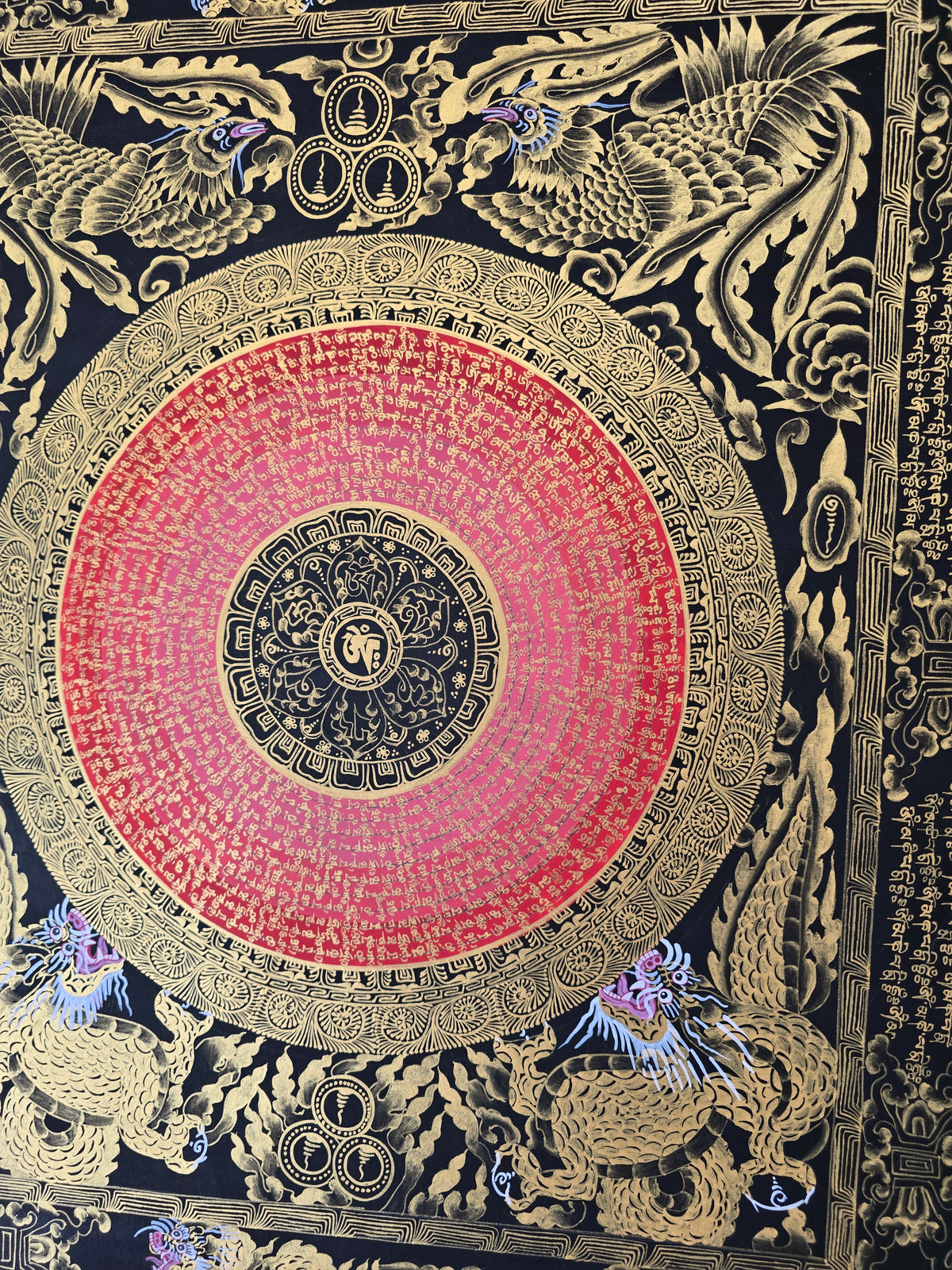 Hand-Painted Om Mantra Mandala Thangka with Dragon Surrounding Design | Traditional Buddhist Art from Nepal