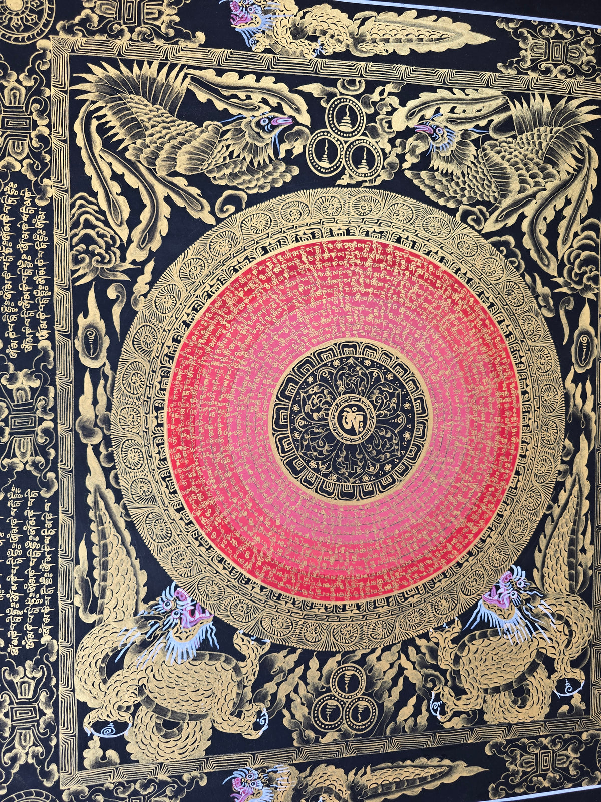 Hand-Painted Om Mantra Mandala Thangka with Dragon Surrounding Design | Traditional Buddhist Art from Nepal