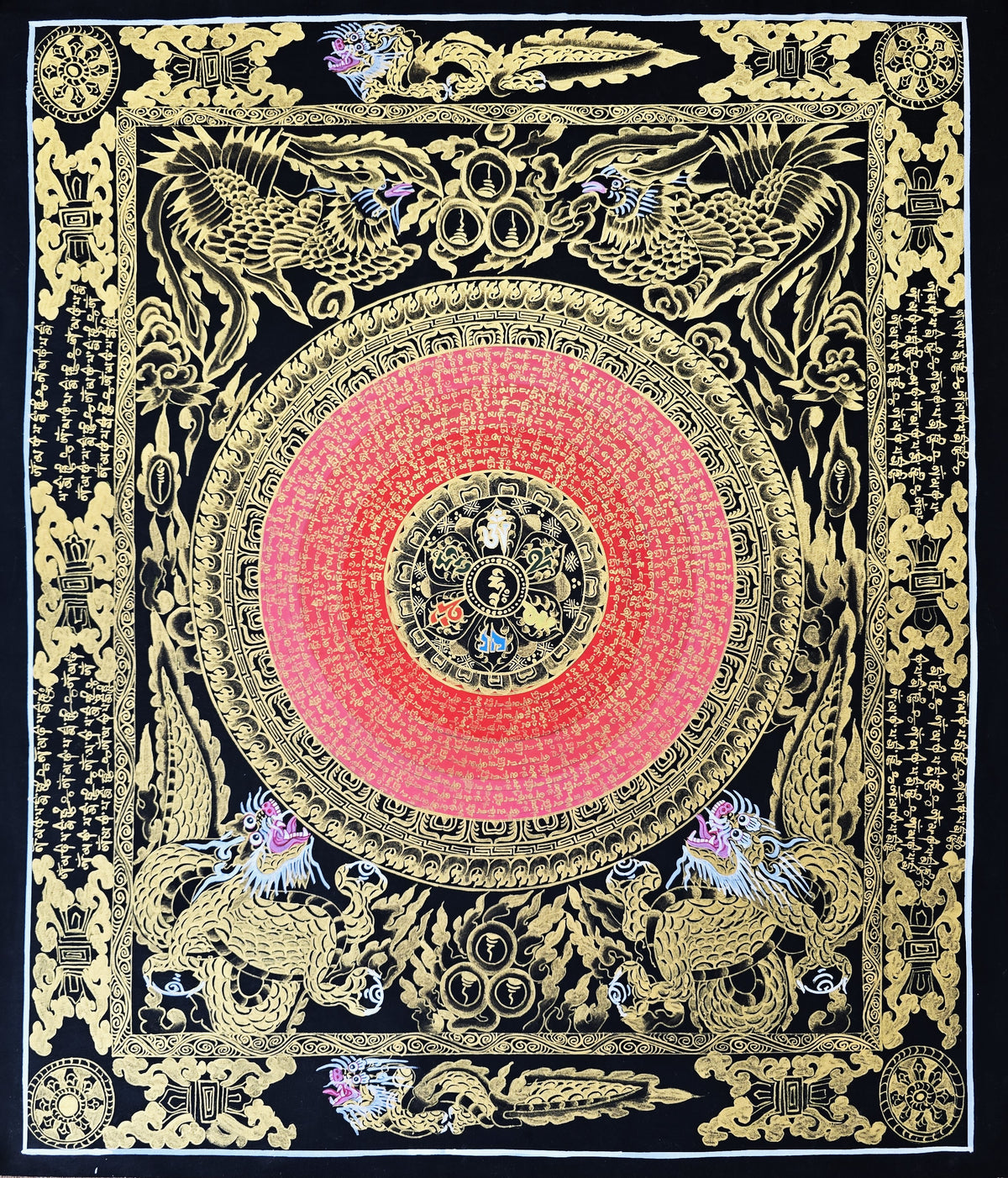 Hand-Painted Om Mantra Mandala Thangka with Dragon Surrounding Design | Traditional Buddhist Art from Nepal