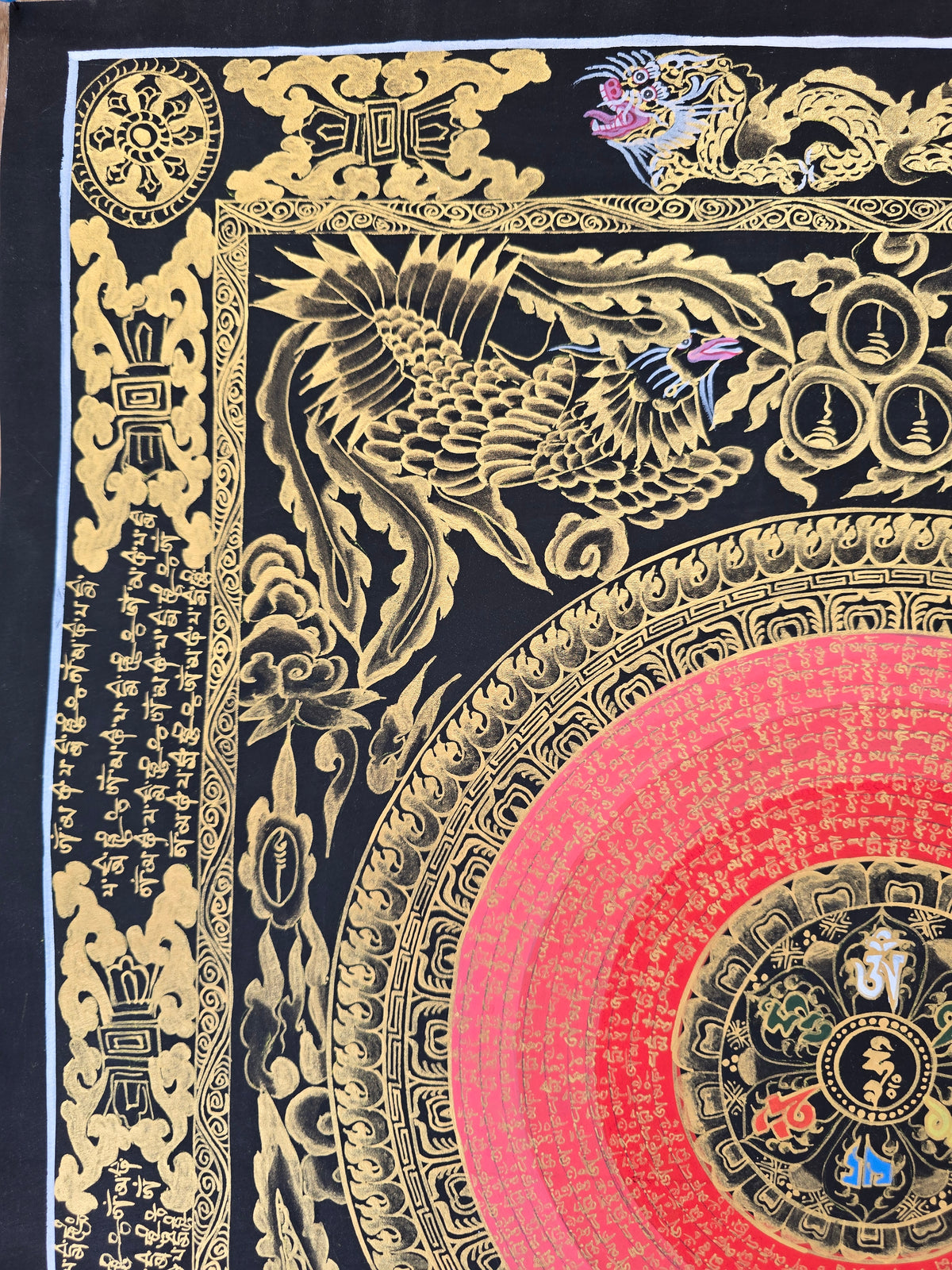 Hand-Painted Om Mantra Mandala Thangka with Dragon Surrounding Design | Traditional Buddhist Art from Nepal