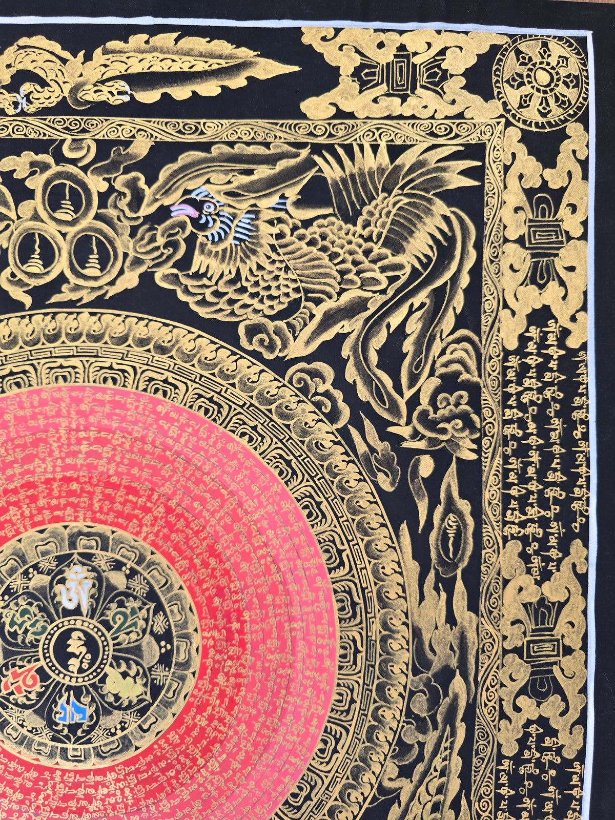 Hand-Painted Om Mantra Mandala Thangka with Dragon Surrounding Design | Traditional Buddhist Art from Nepal
