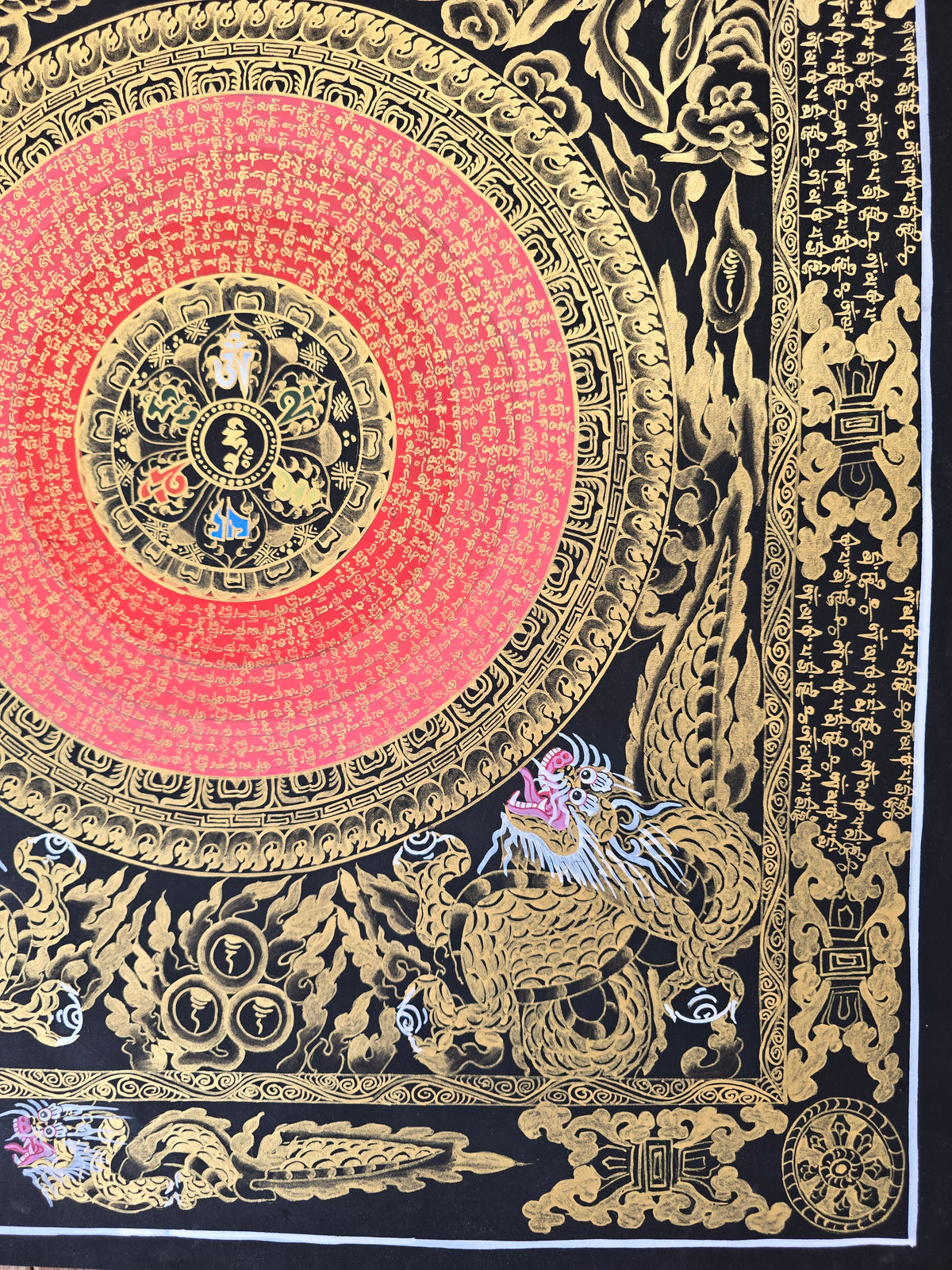 Hand-Painted Om Mantra Mandala Thangka with Dragon Surrounding Design | Traditional Buddhist Art from Nepal