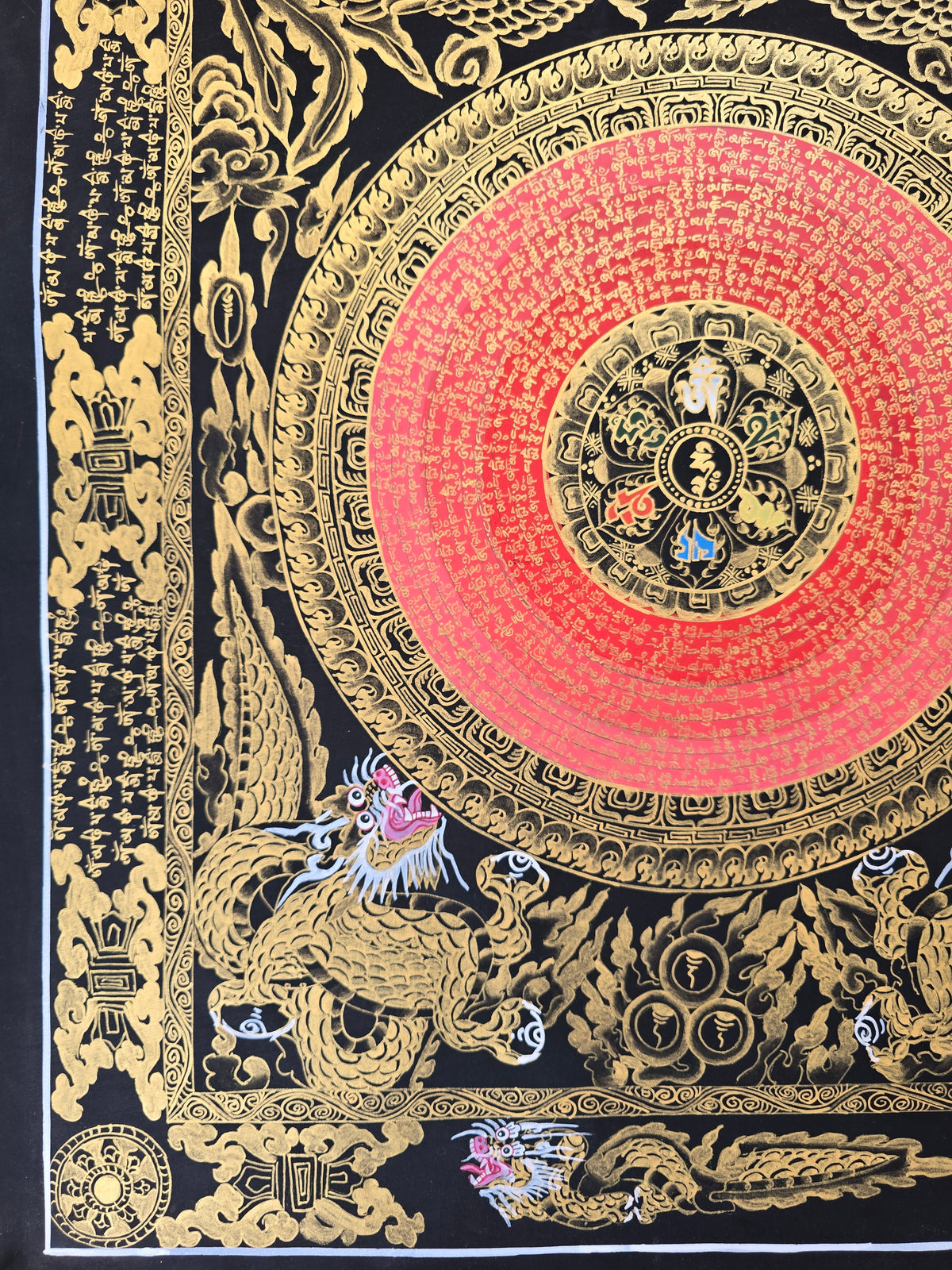 Hand-Painted Om Mantra Mandala Thangka with Dragon Surrounding Design | Traditional Buddhist Art from Nepal