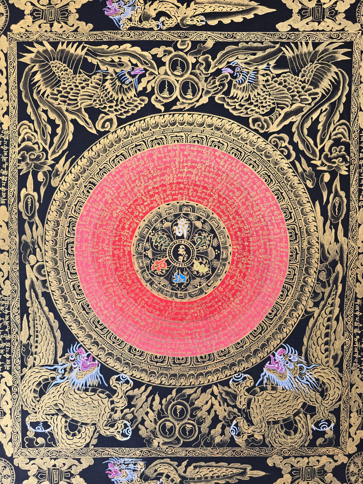 Hand-Painted Om Mantra Mandala Thangka with Dragon Surrounding Design | Traditional Buddhist Art from Nepal