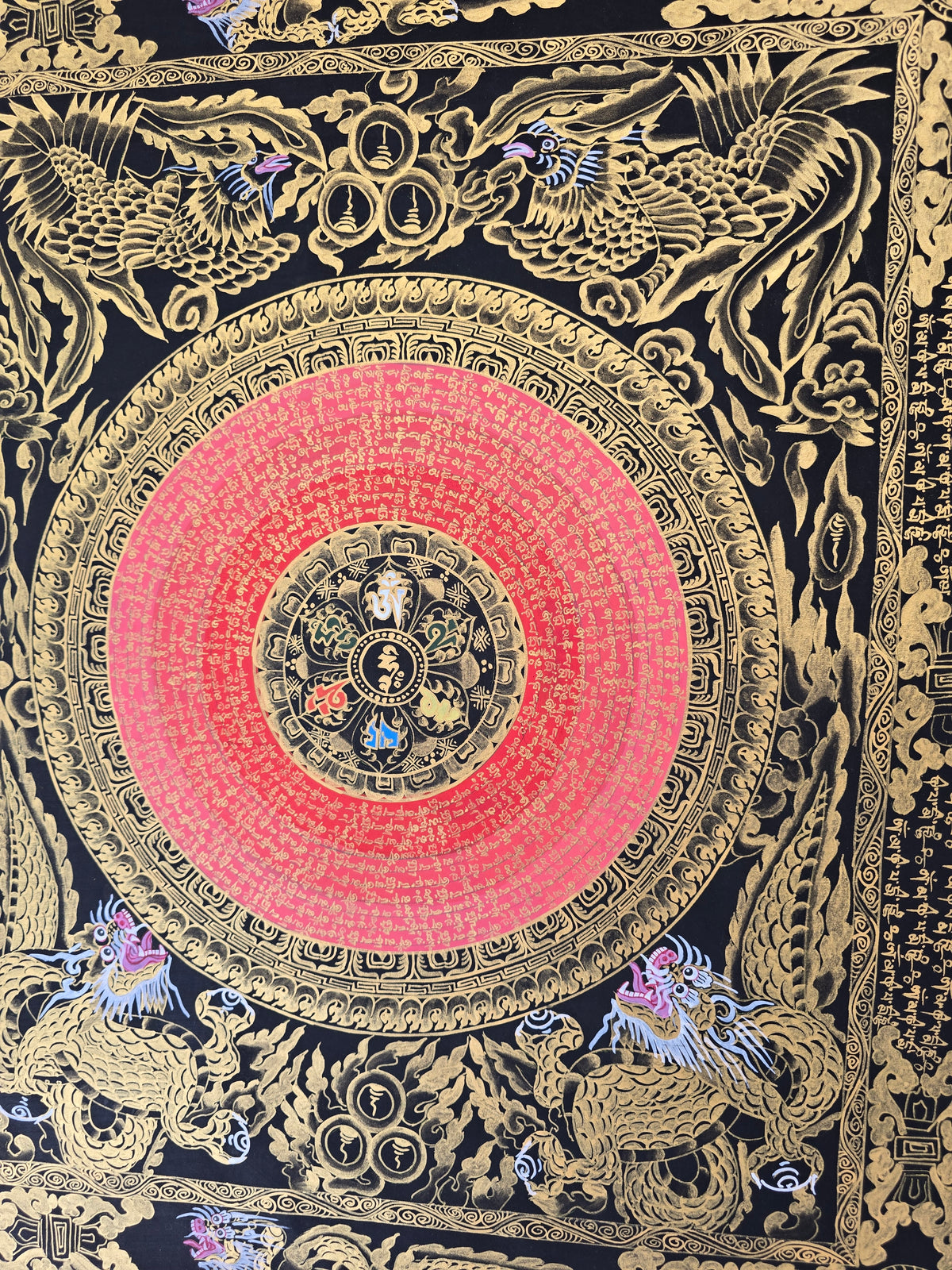 Hand-Painted Om Mantra Mandala Thangka with Dragon Surrounding Design | Traditional Buddhist Art from Nepal