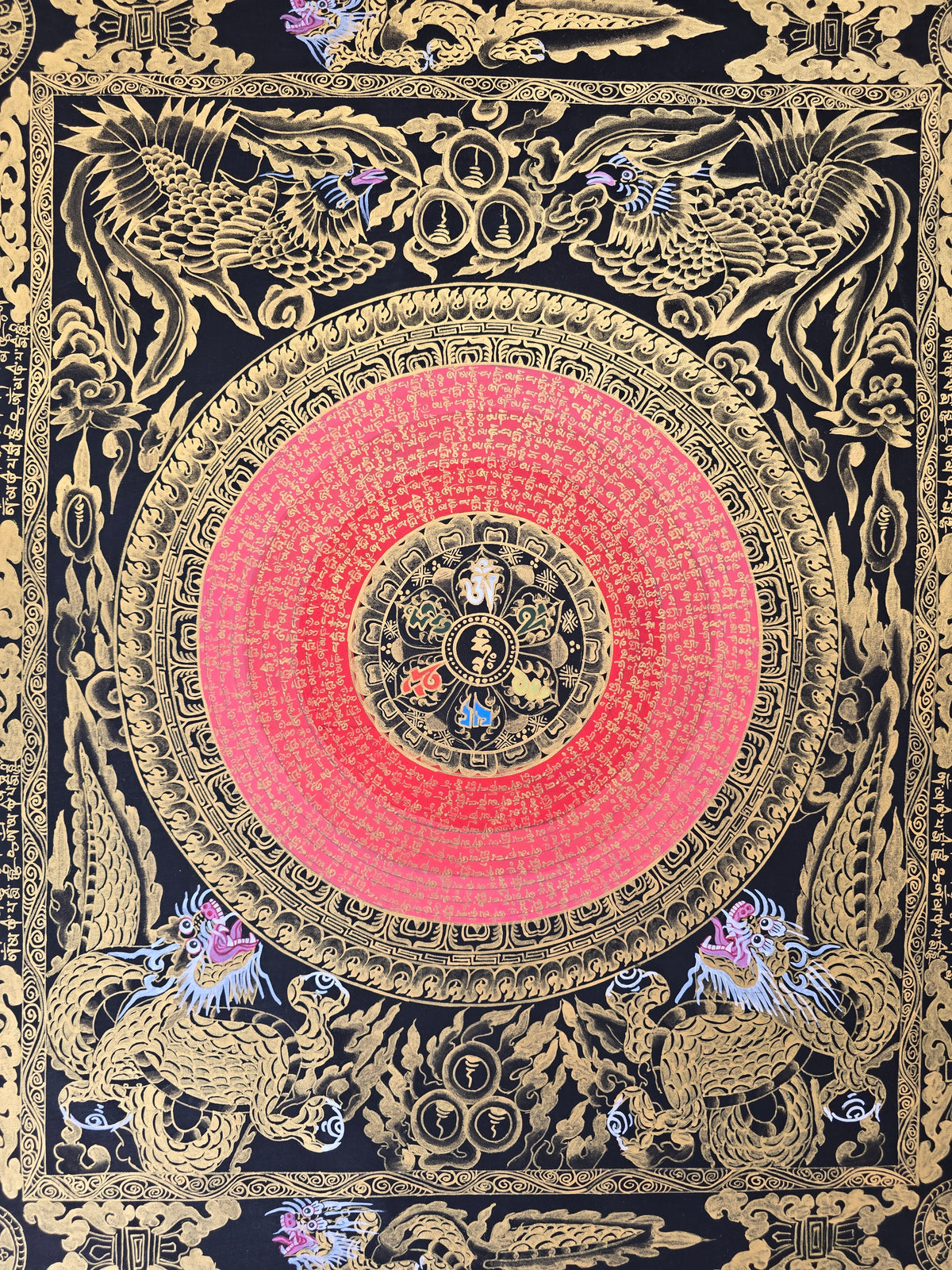 Hand-Painted Om Mantra Mandala Thangka with Dragon Surrounding Design | Traditional Buddhist Art from Nepal