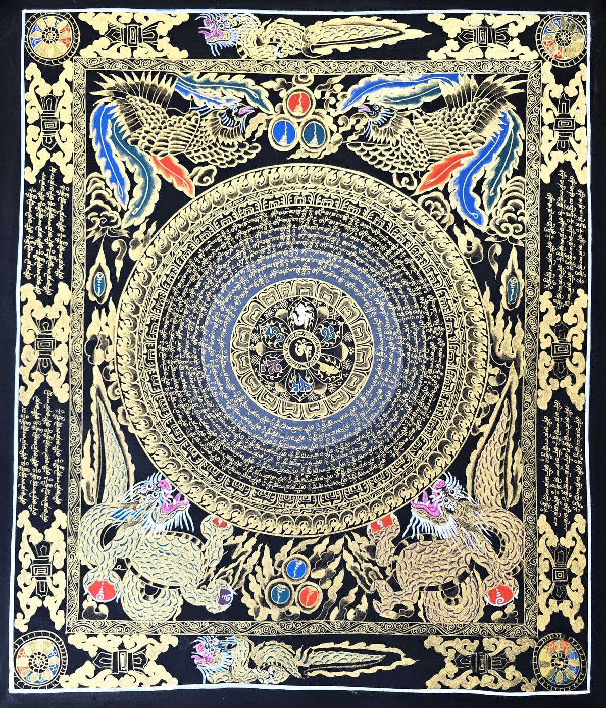 Hand-Painted Om Mantra Mandala Thangka with Dragon Surrounding Design | Traditional Buddhist Art from Nepal