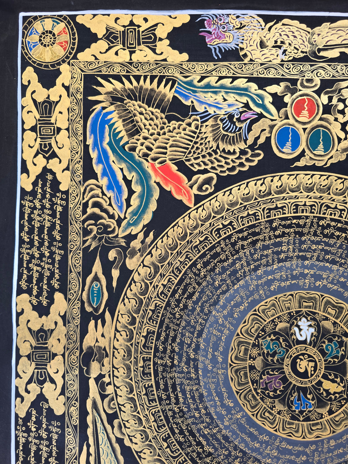 Hand-Painted Om Mantra Mandala Thangka with Dragon Surrounding Design | Traditional Buddhist Art from Nepal