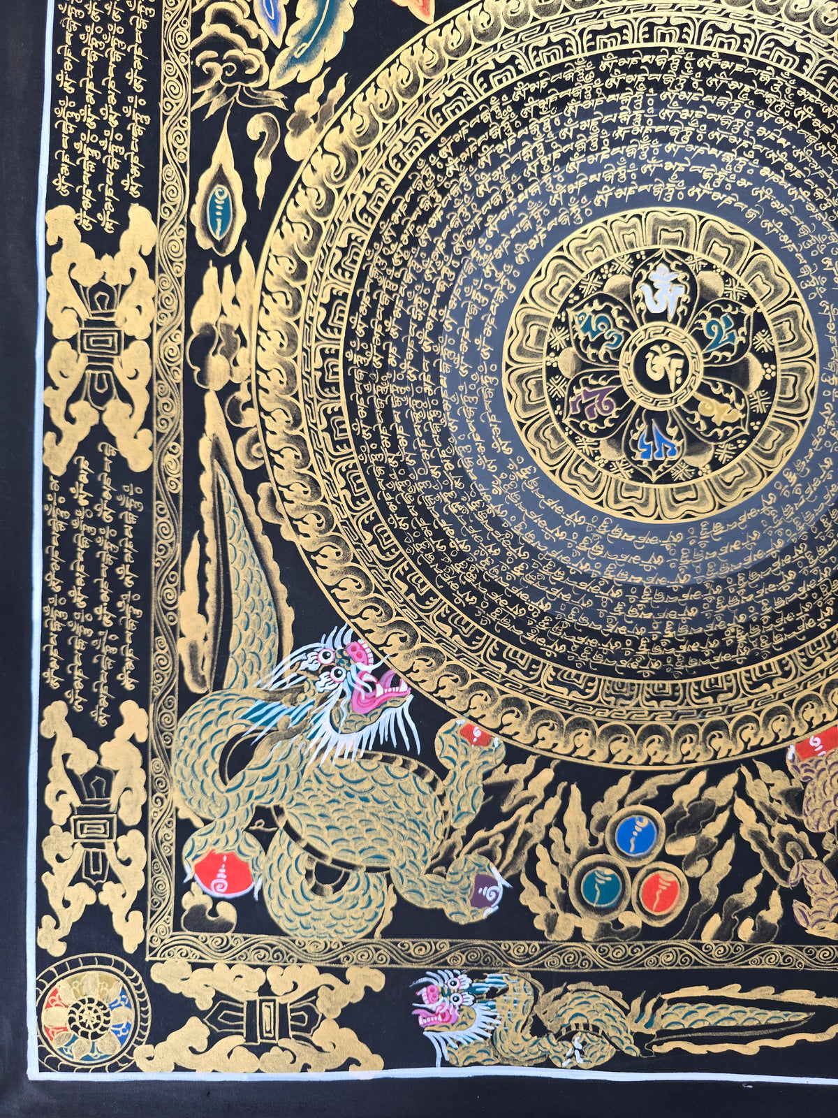 Hand-Painted Om Mantra Mandala Thangka with Dragon Surrounding Design | Traditional Buddhist Art from Nepal