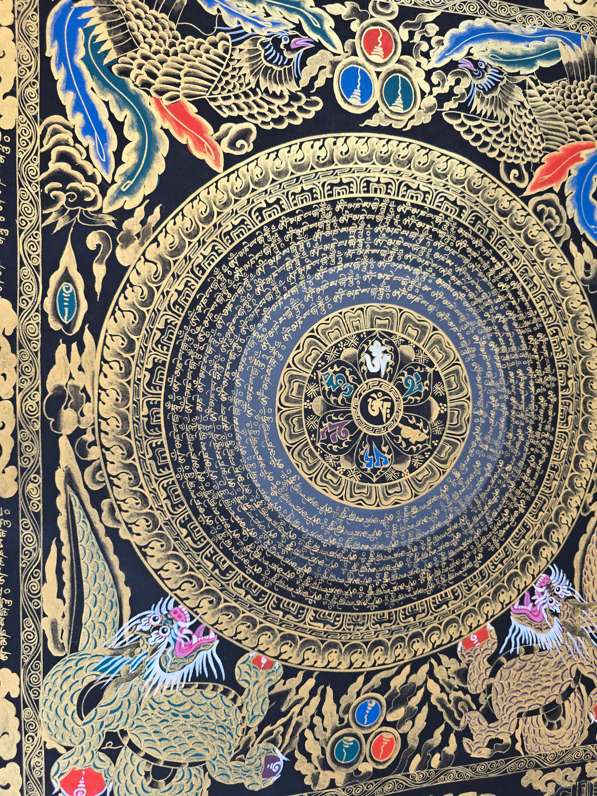Hand-Painted Om Mantra Mandala Thangka with Dragon Surrounding Design | Traditional Buddhist Art from Nepal