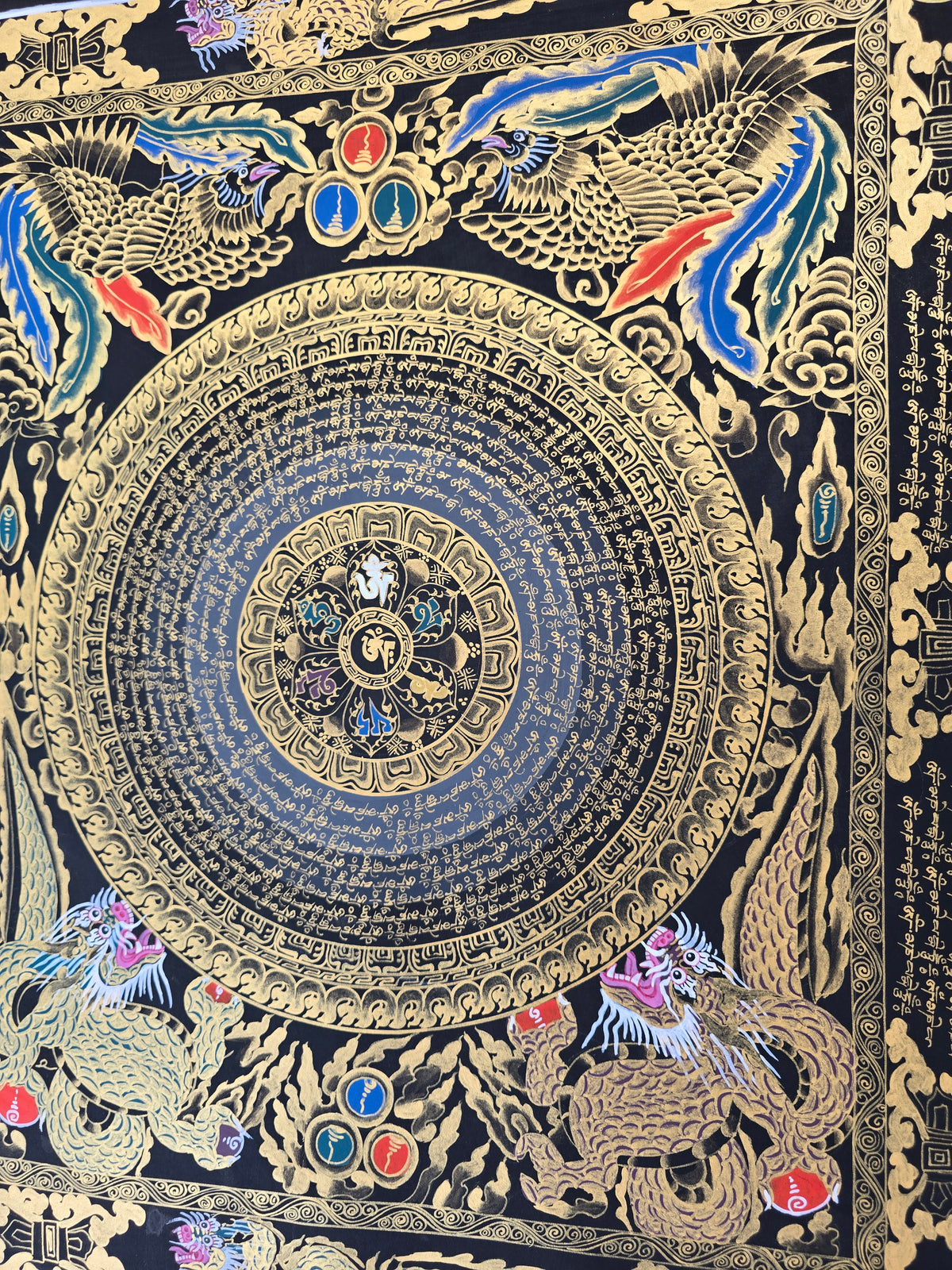 Hand-Painted Om Mantra Mandala Thangka with Dragon Surrounding Design | Traditional Buddhist Art from Nepal