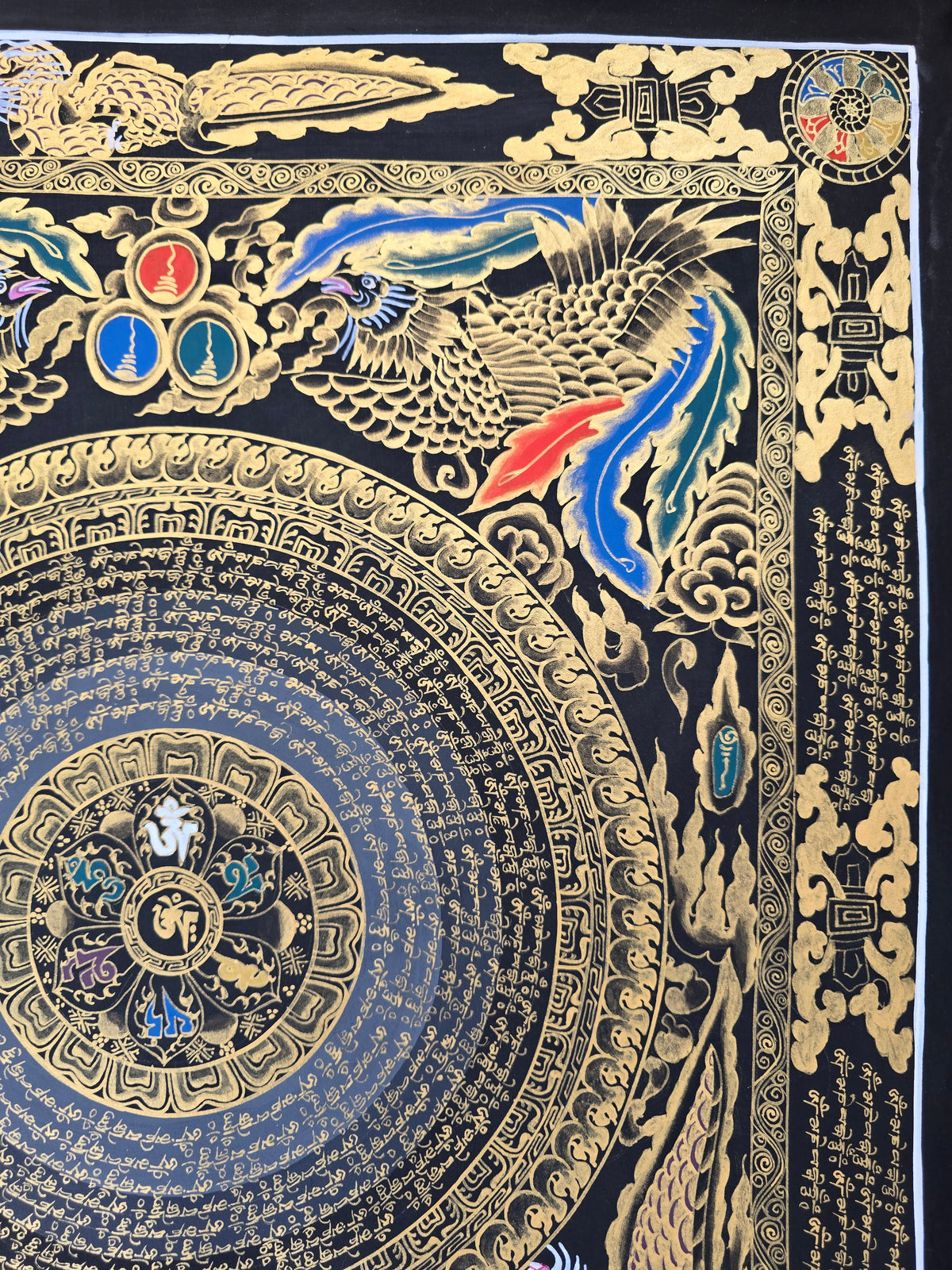 Hand-Painted Om Mantra Mandala Thangka with Dragon Surrounding Design | Traditional Buddhist Art from Nepal