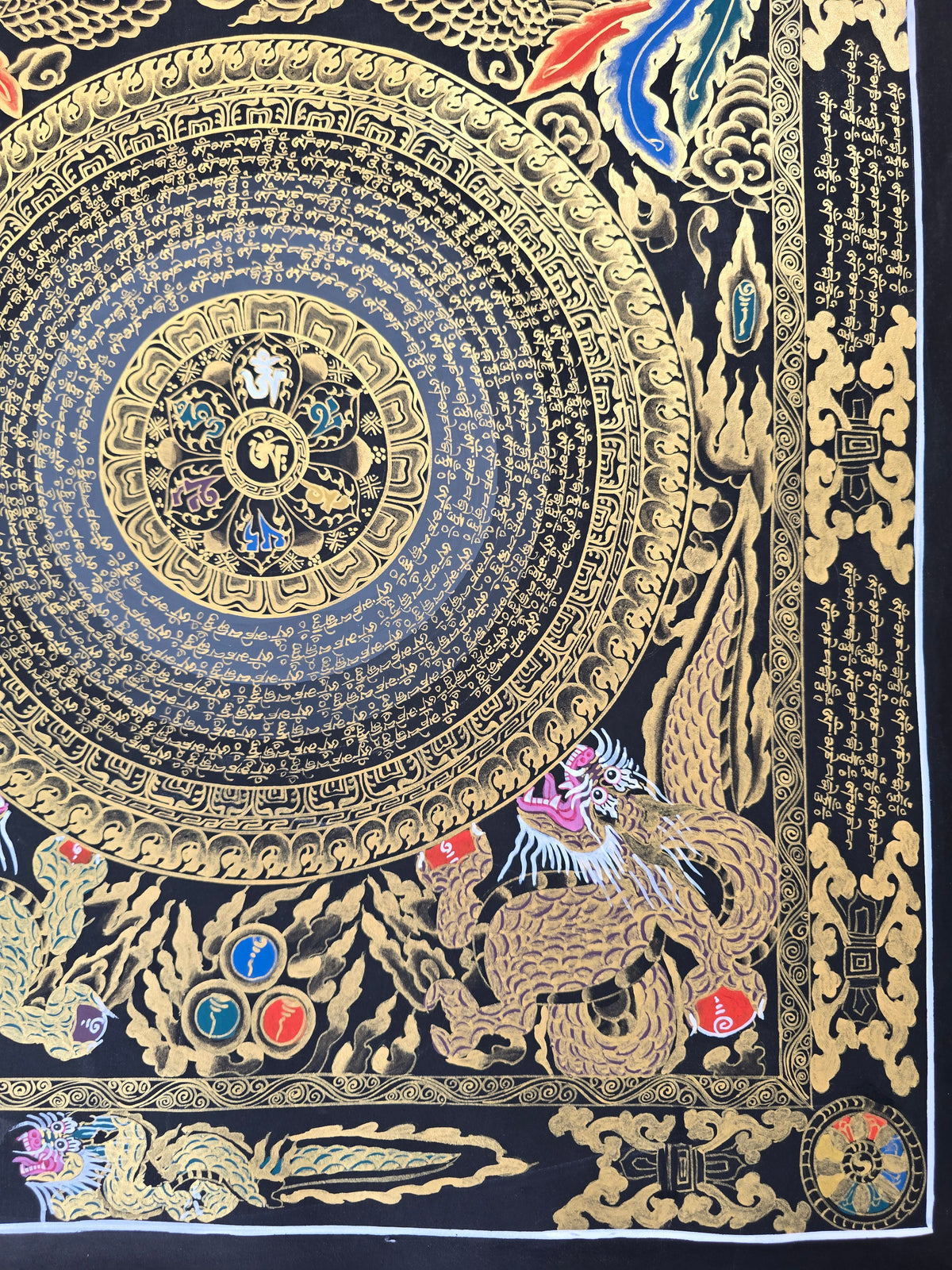 Hand-Painted Om Mantra Mandala Thangka with Dragon Surrounding Design | Traditional Buddhist Art from Nepal