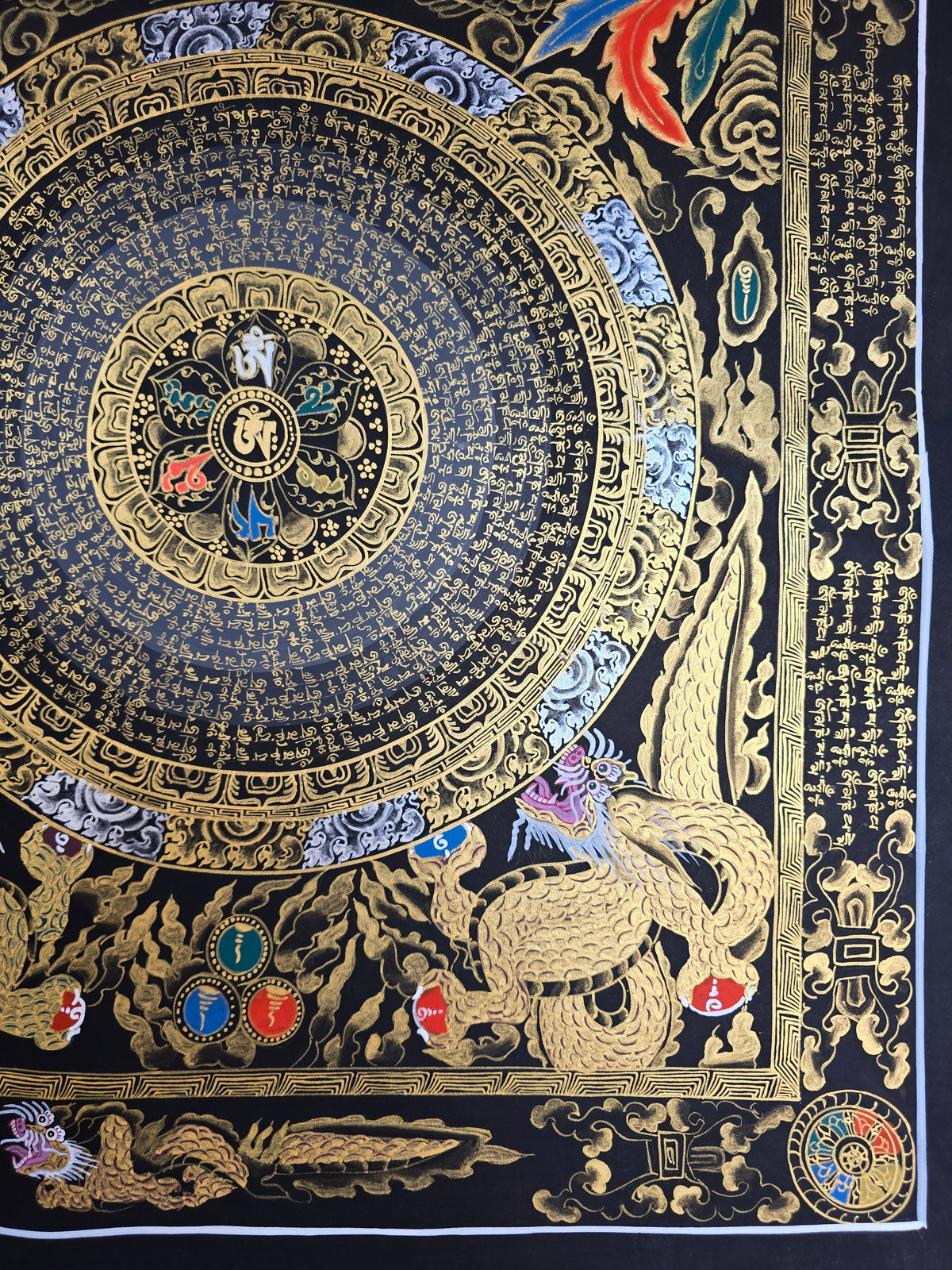 Hand-Painted Om Mantra Mandala Thangka with Dragon Surrounding Design | Traditional Buddhist Art from Nepal