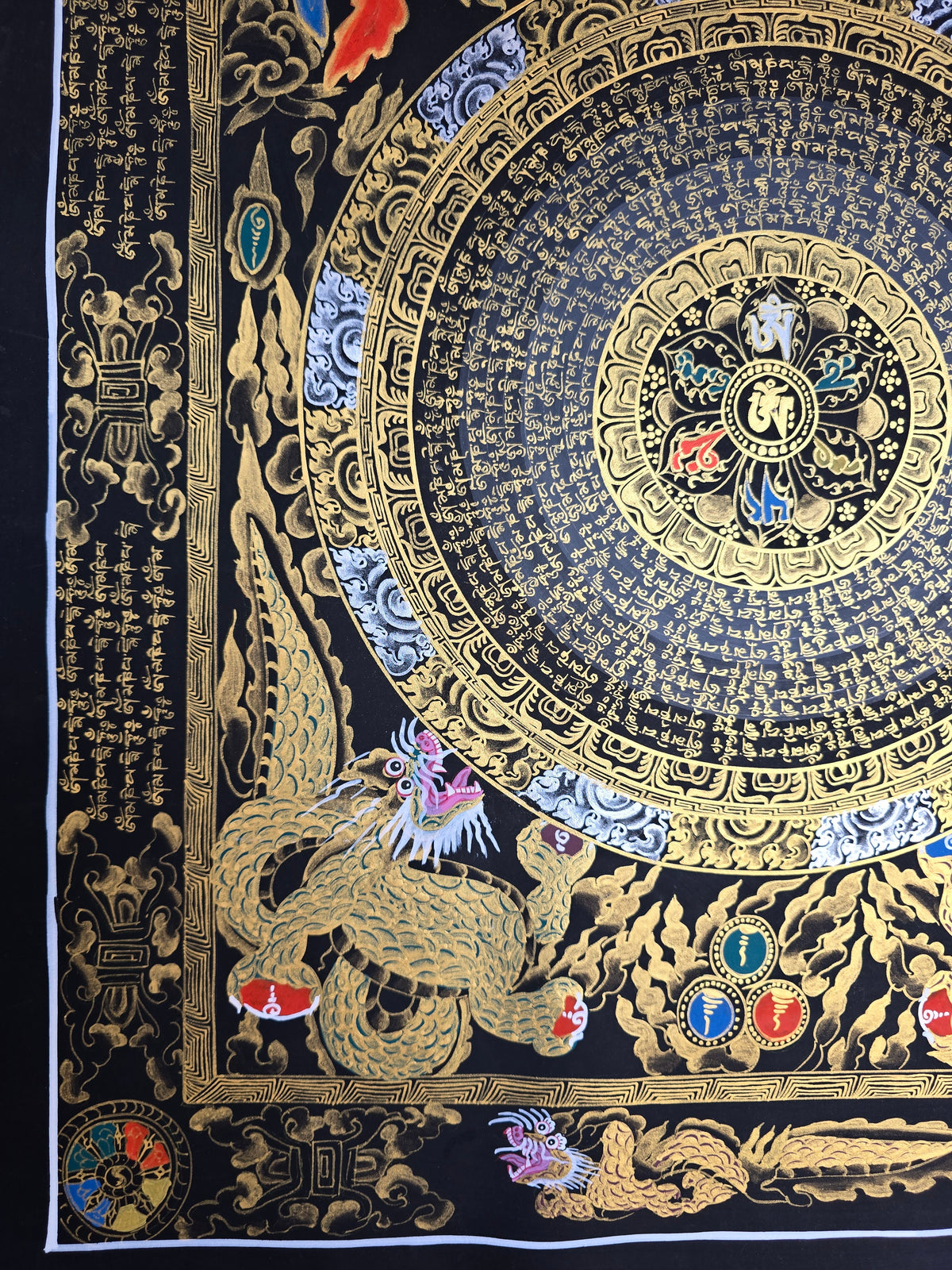 Hand-Painted Om Mantra Mandala Thangka with Dragon Surrounding Design | Traditional Buddhist Art from Nepal