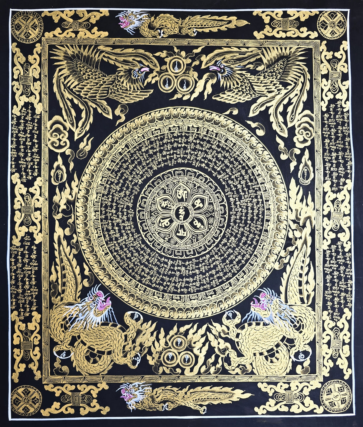 Hand-Painted Om Mantra Mandala Thangka with Dragon Surrounding Design | Traditional Buddhist Art from Nepal