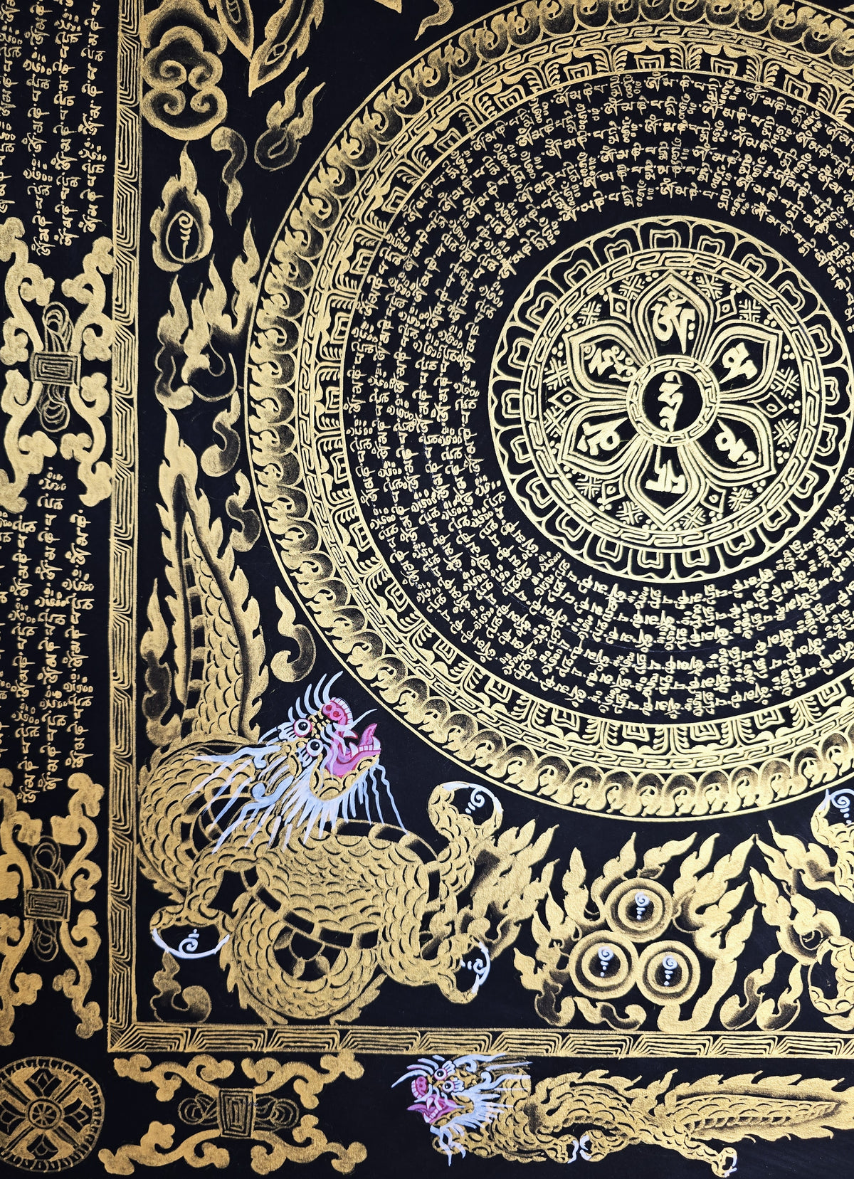Hand-Painted Om Mantra Mandala Thangka with Dragon Surrounding Design | Traditional Buddhist Art from Nepal