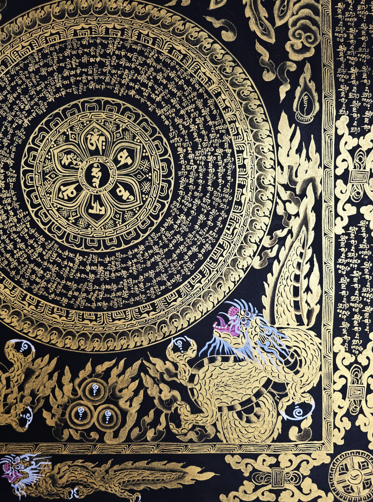 Hand-Painted Om Mantra Mandala Thangka with Dragon Surrounding Design | Traditional Buddhist Art from Nepal