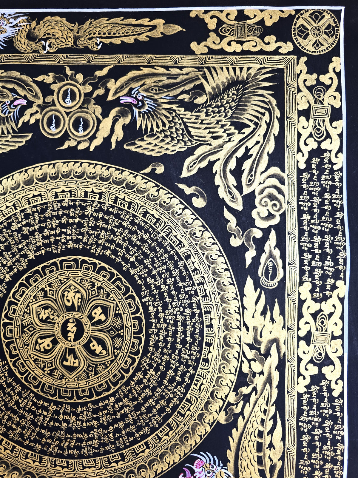 Hand-Painted Om Mantra Mandala Thangka with Dragon Surrounding Design | Traditional Buddhist Art from Nepal