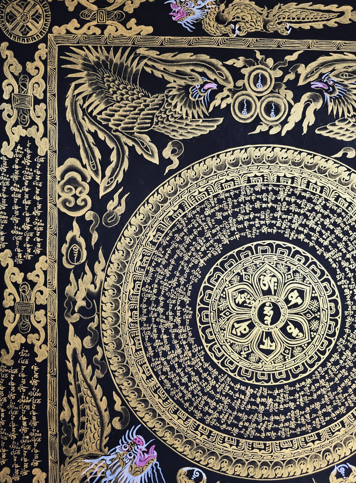 Hand-Painted Om Mantra Mandala Thangka with Dragon Surrounding Design | Traditional Buddhist Art from Nepal