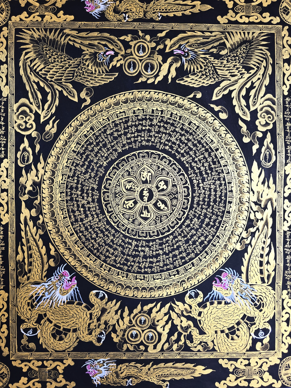 Hand-Painted Om Mantra Mandala Thangka with Dragon Surrounding Design | Traditional Buddhist Art from Nepal