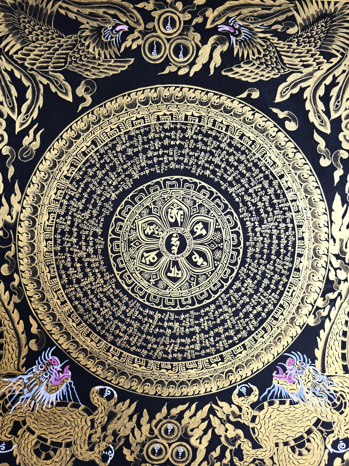 Hand-Painted Om Mantra Mandala Thangka with Dragon Surrounding Design | Traditional Buddhist Art from Nepal