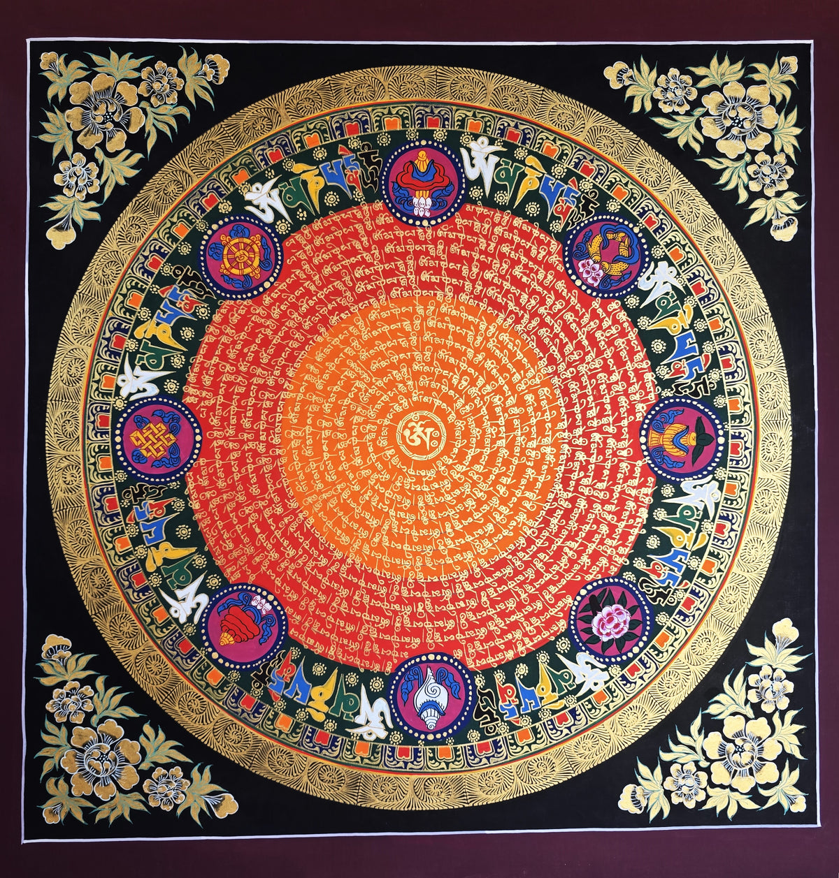 Hand-Painted Om Mantra Mandala Thangka